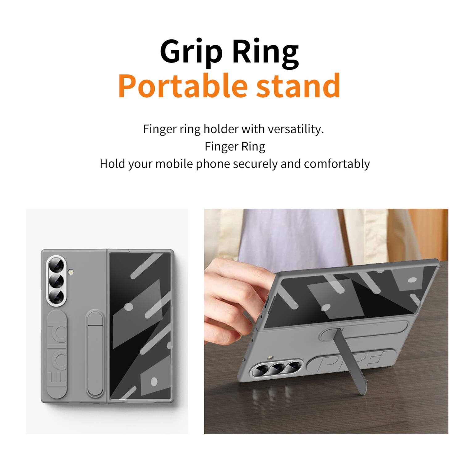 Grip Ring Portable Stand

Finger ring holder with versatility.  
Finger Ring  
Hold your mobile phone securely and comfortably