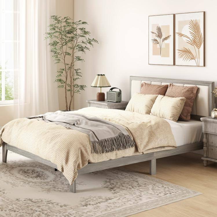Alt View 2. PULUZ - Queen Bed Frame with Headboard Queen Platform Bed Frame with Wooden Slats No Box Spring Needed Easy Assembly - Gray.