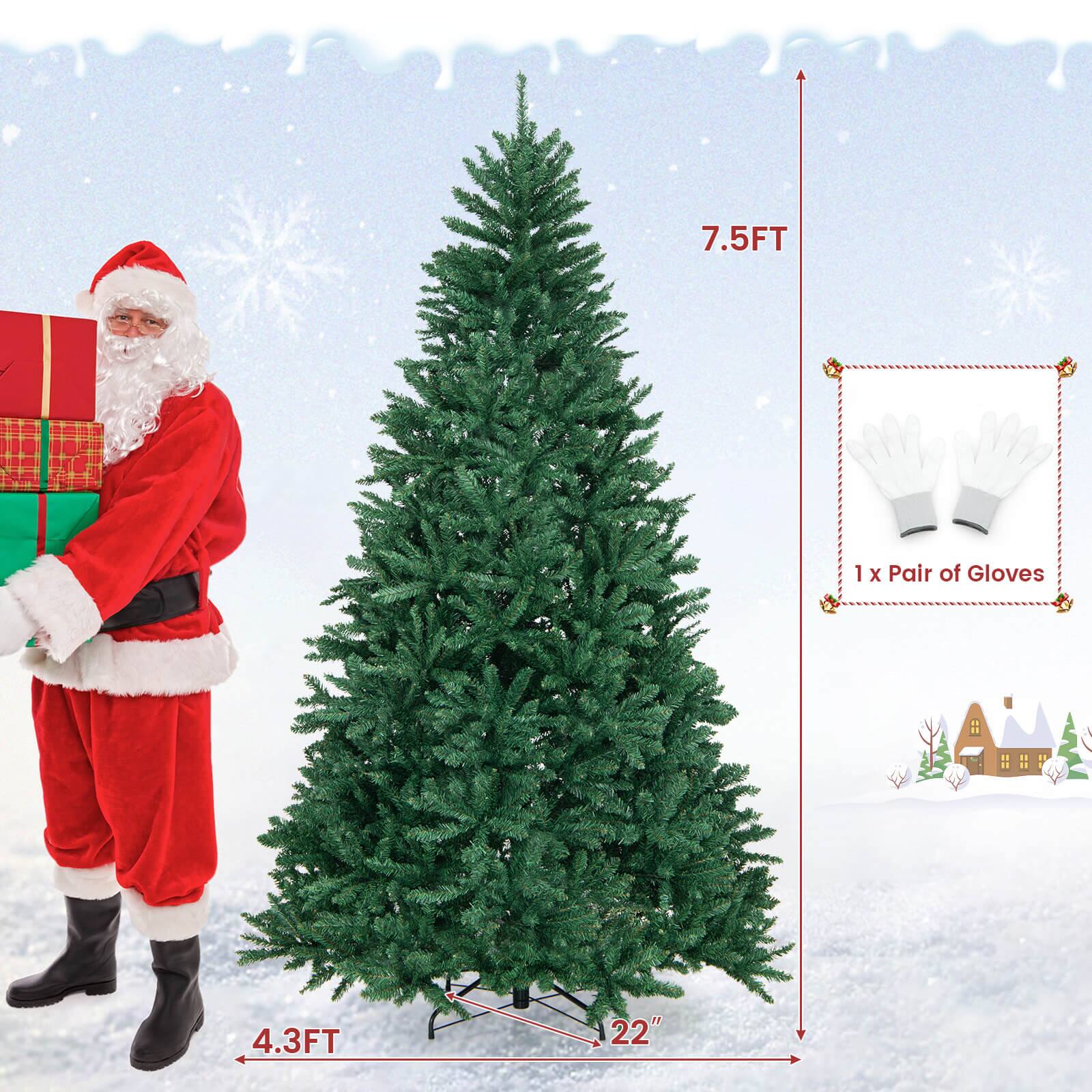 The image features a Santa Claus figure holding a Christmas tree and a pair of gloves. The tree is 7.5 feet tall, and the gloves are 4.3 feet tall.