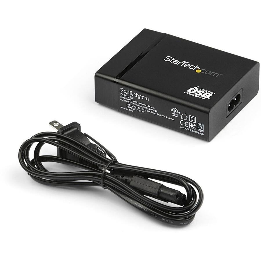 StarTech.com  
StarTech.com DCH1C3A  
CHARGER USB CERTIFIED 60W  
TM OUTPUT.TYPE-C USB1 USB2  
50/60Hz 1.5A Max  
Made in China  
TOTAL AS EOSO ZESO  
24A ya Smart Total LISTED Max  
CEFC ICES 3001  
NISPT-I STA Degol 3000