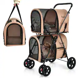 Gymax - 4-in-1 Double Pet Stroller w/ Detachable Carrier Travel Carriage for Cats Beige