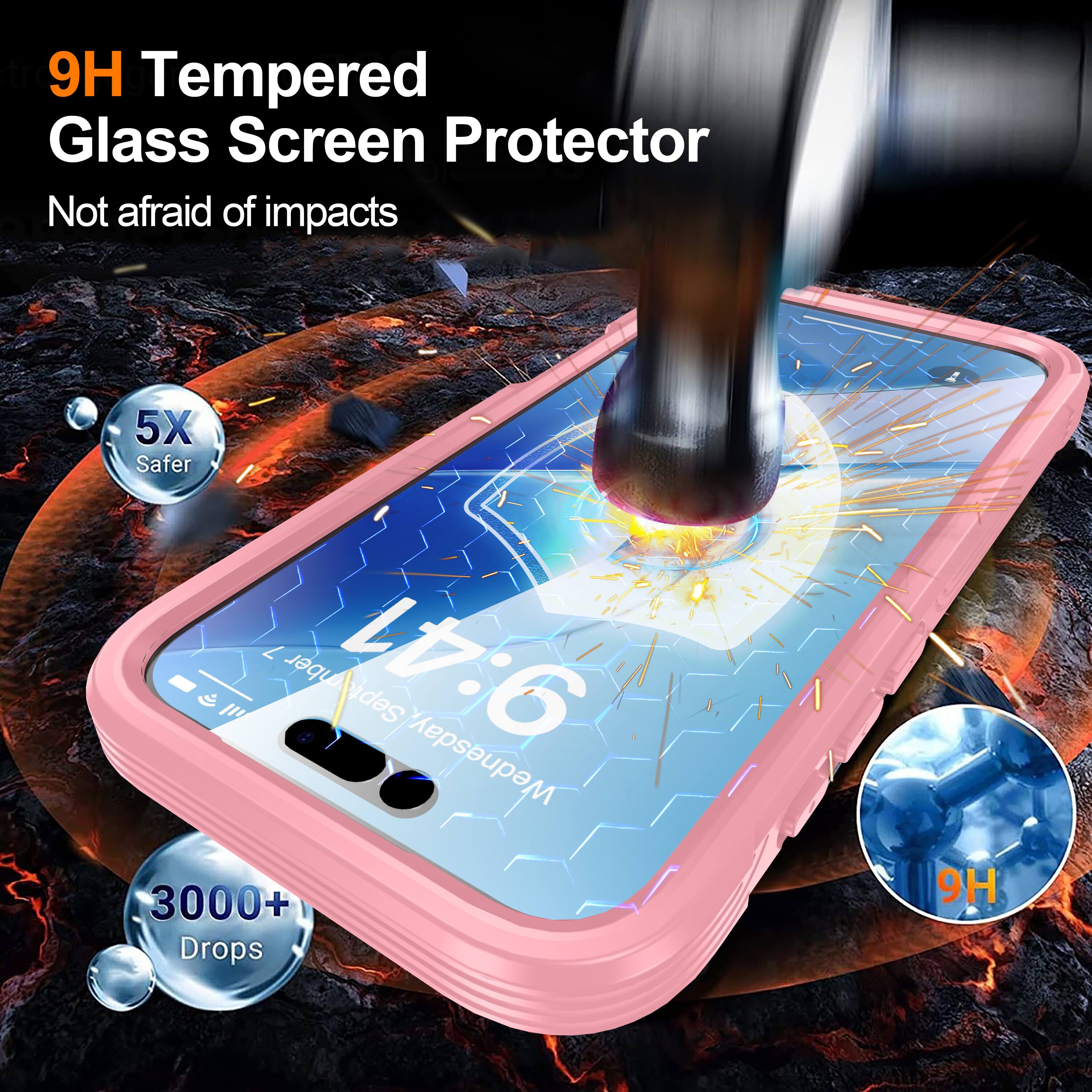 9H Tempered Glass Screen Protector  
Not afraid of impacts  
5X Safer  
3000+ Drops  
9H