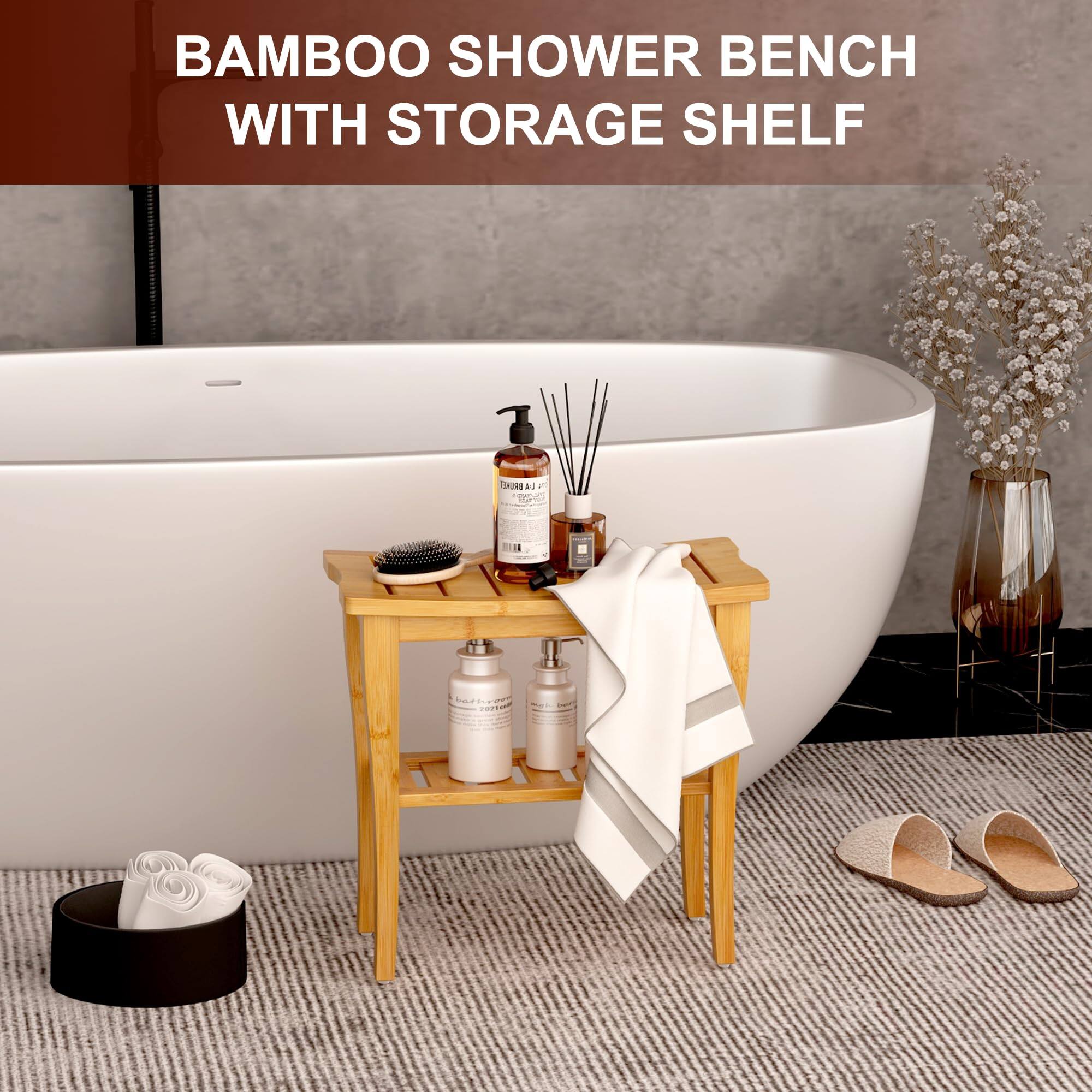 BAMBOO SHOWER BENCH WITH STORAGE SHELF