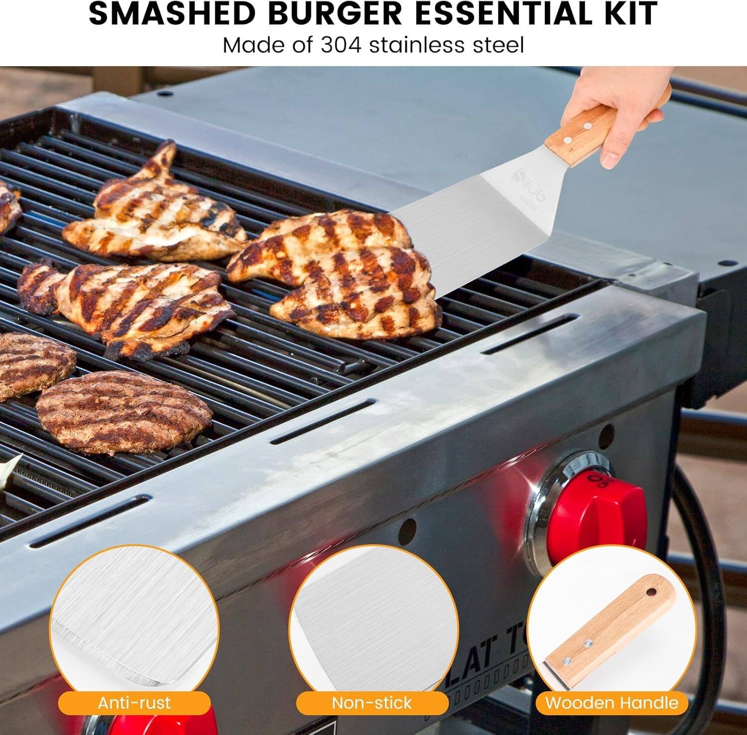 SMASHED BURGER ESSENTIAL KIT  
Made of 304 stainless steel  

Anti-rust  
Non-stick  
Wooden Handle