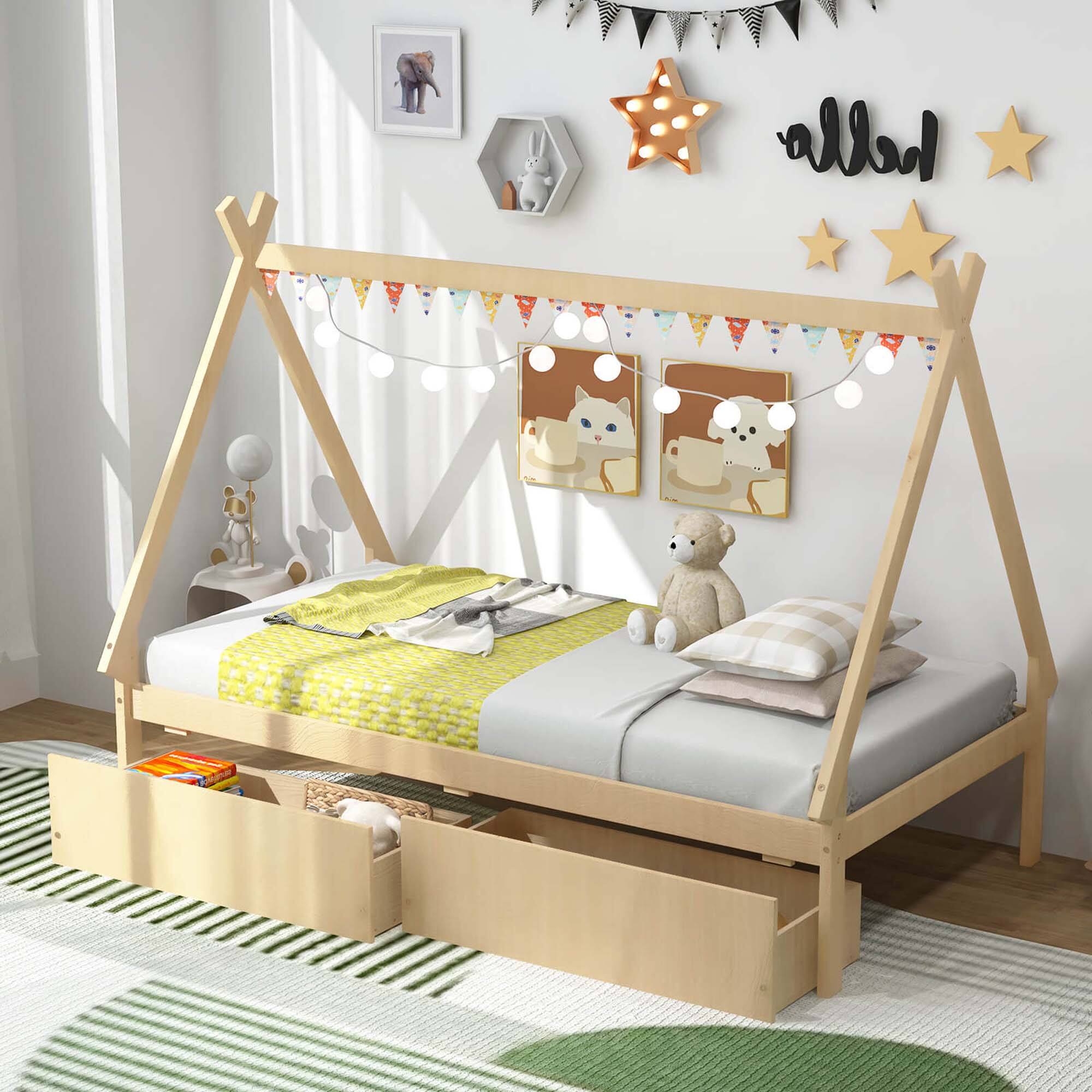 Alt View 1. Costway - Twin Size Wooden House Bed with 2 Drawers Roof Storage for Boys & Girls - Natural.