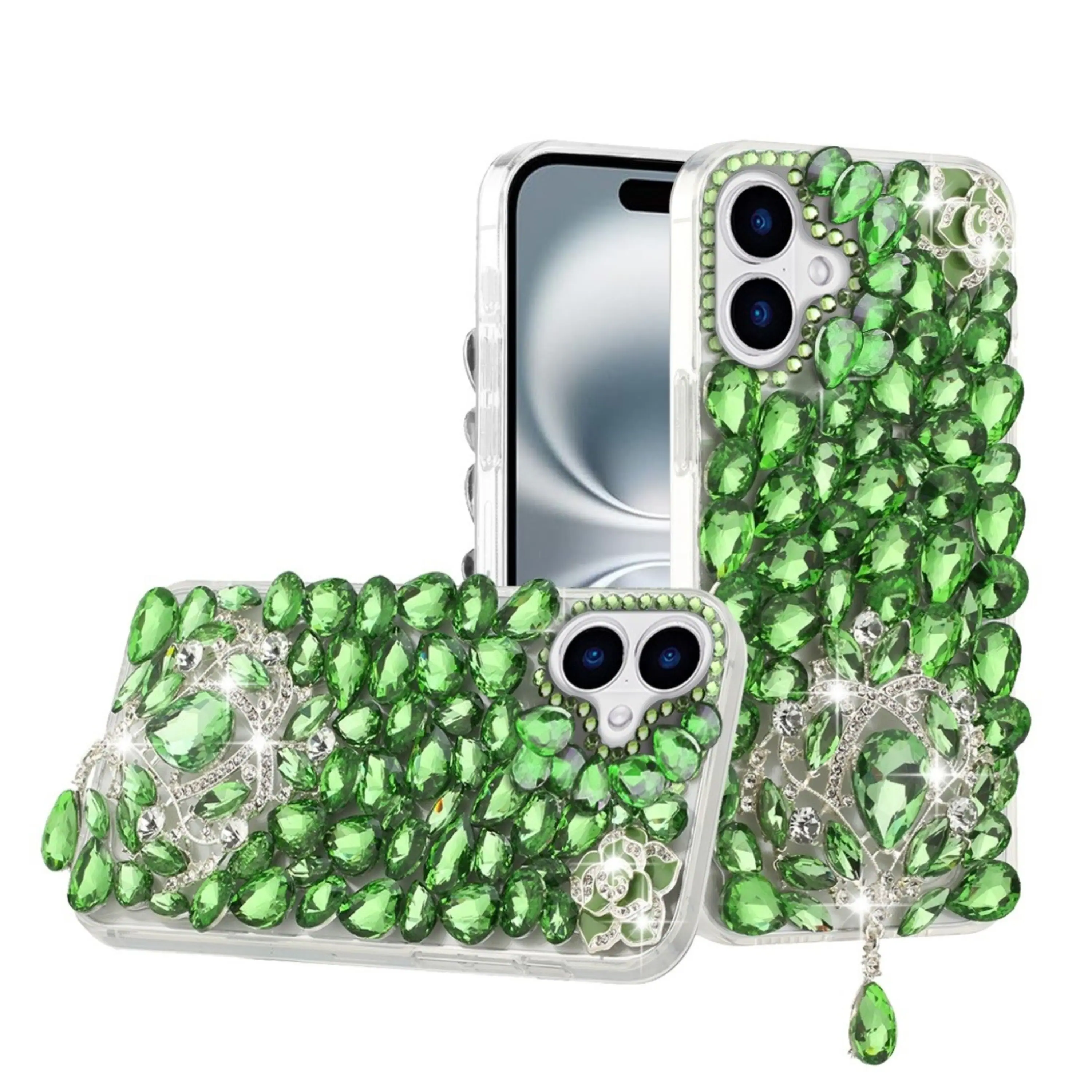 Angle. Kitcheniva - Full Bling Large 3D Jewel Phone Case With Tempered Glass For iPhone 16 Green Floral - Green Floral.