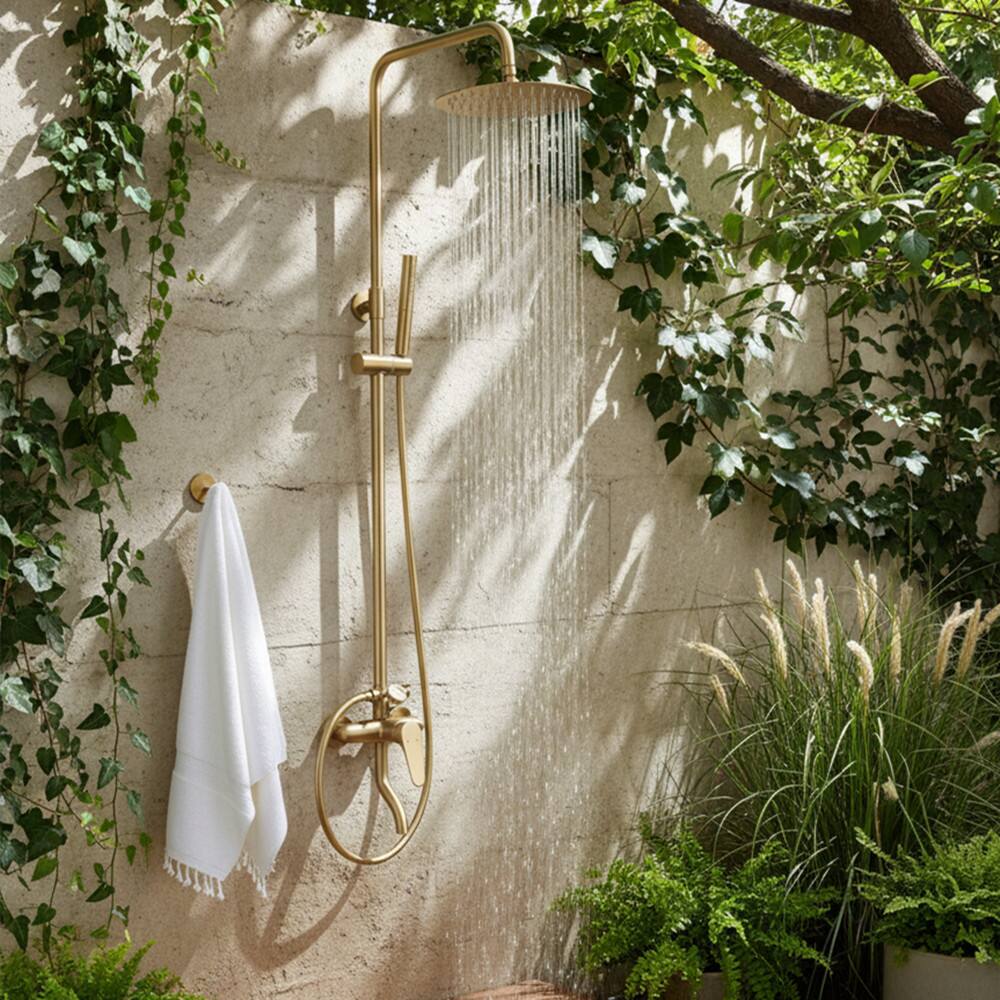 Alt View 1. Dazzed Corner - Wall Mount 3-Function Outdoor Shower Fixture with Thermometer and Brass Valve - Brushed Gold.