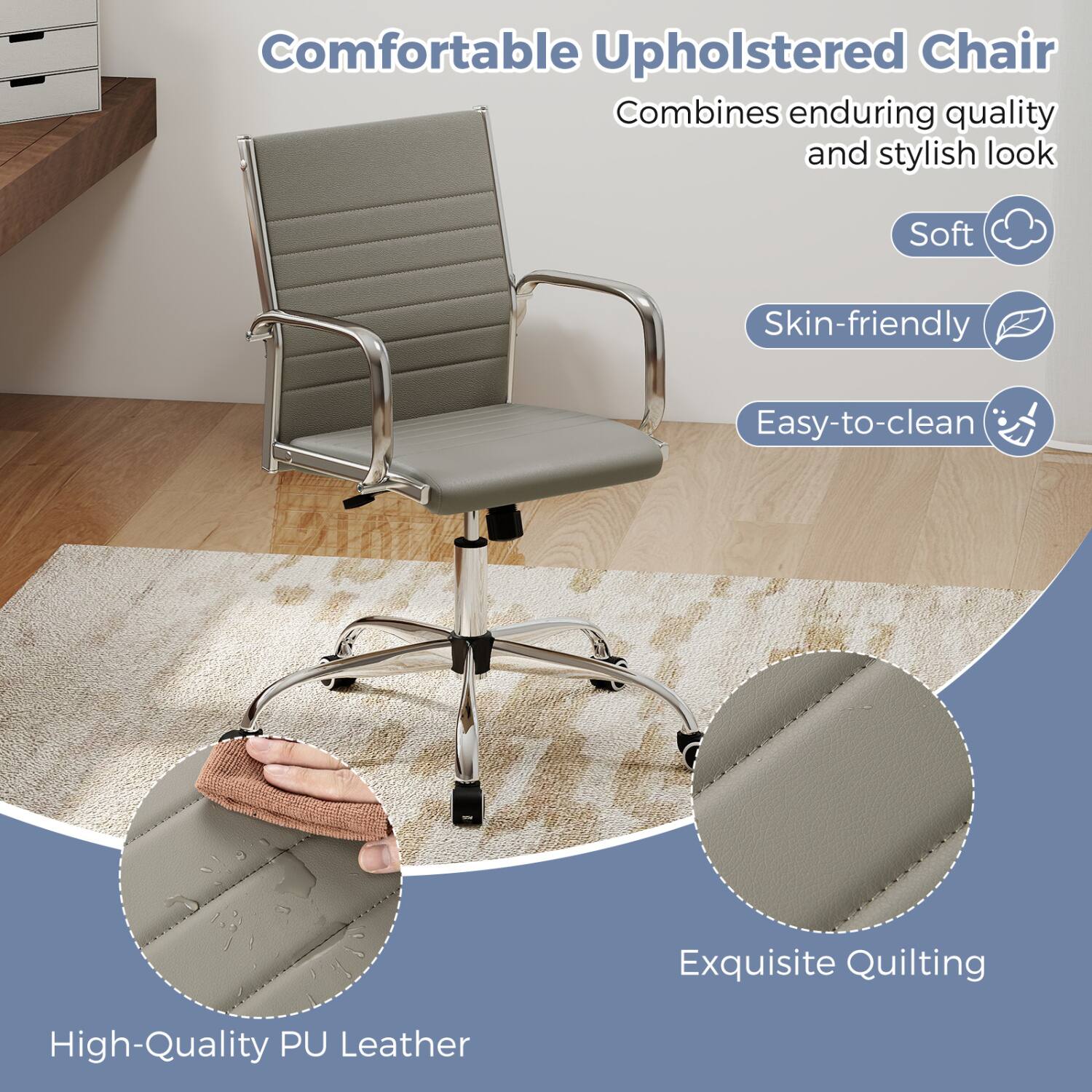 Comfortable Upholstered Chair Combines enduring quality and stylish look

- Soft
- Skin-friendly
- Easy-to-clean
- Exquisite Quilting
- High-Quality PU Leather