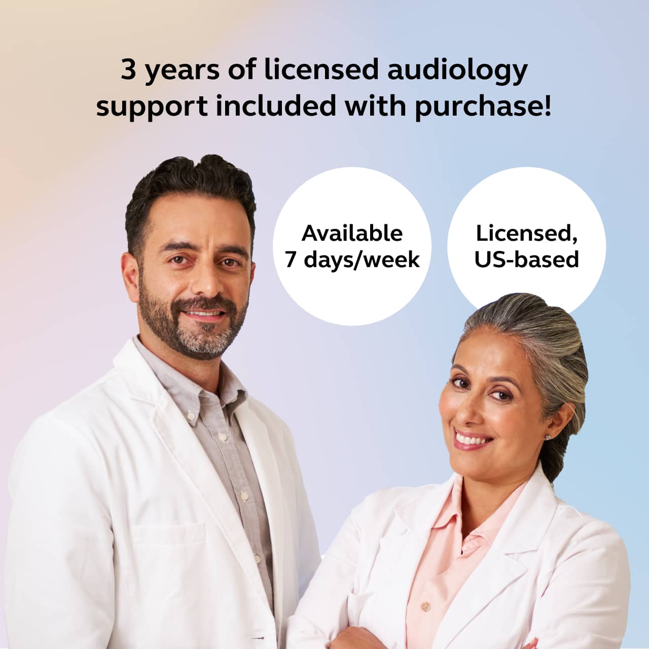 3 years of licensed audiology support included with purchase!
Available 7 days/week
Licensed, US-based
