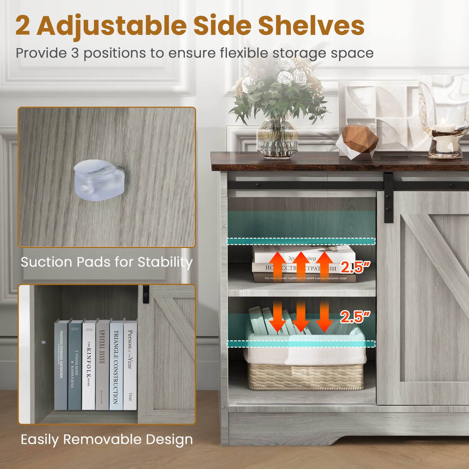 The image features a kitchen cabinet with two adjustable side shelves. These shelves provide three positions to ensure flexible storage space. The cabinet also has suction pads for stability. The image is accompanied by text that reads "2.5" Easily Removable Design."
