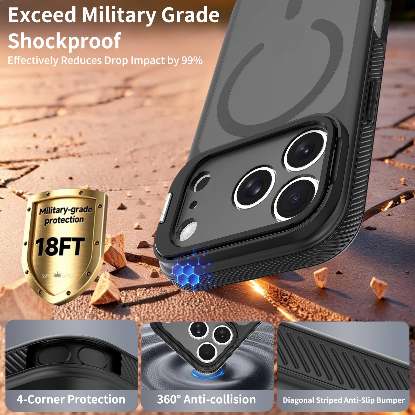 Exceed Military Grade Shockproof  
Effectively Reduces Drop Impact by 99%  

Military-grade protection 18FT  
4-Corner Protection  
360° Anti-collision  
Diagonal Striped Anti-Slip Bumper