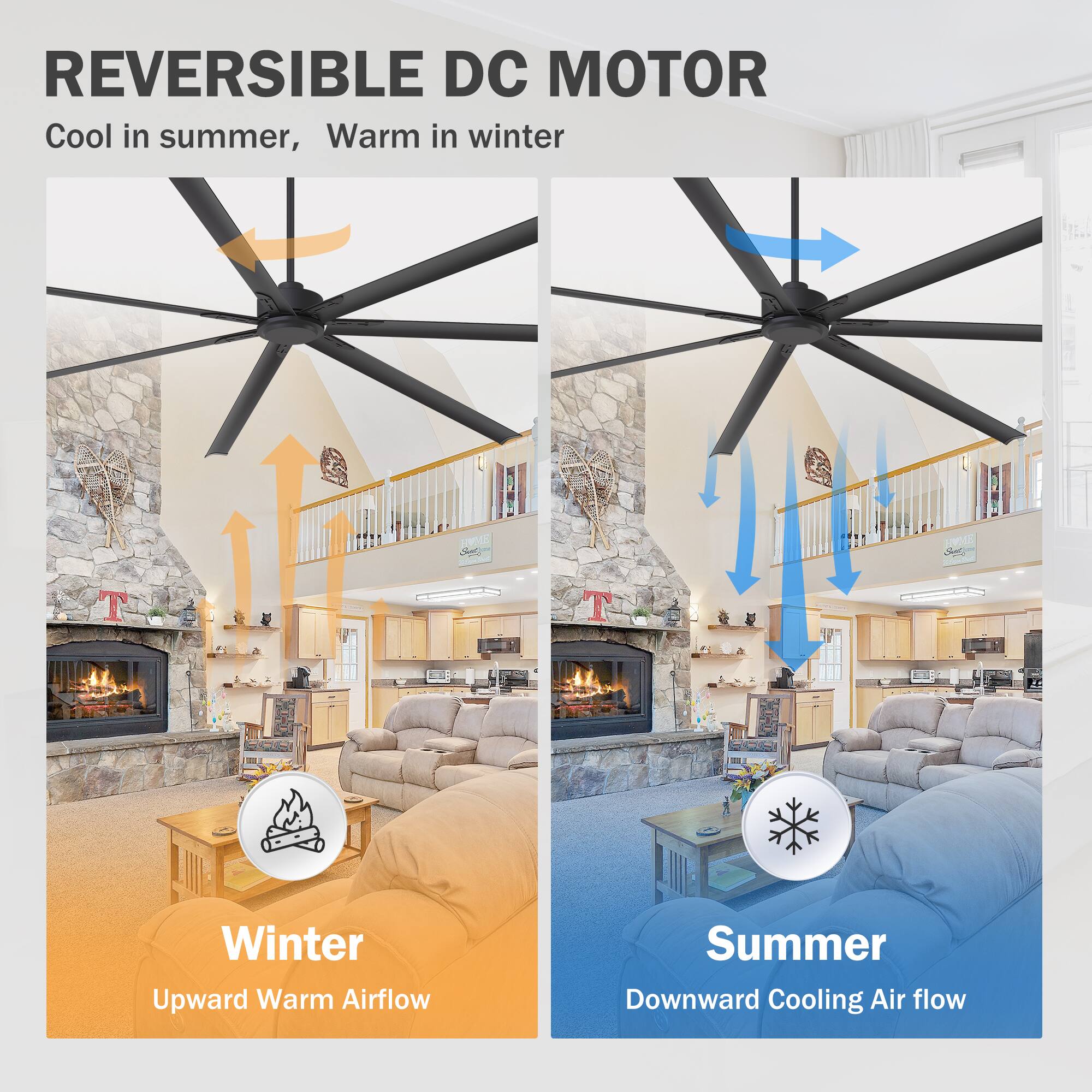 REVERSIBLE DC MOTOR  
Cool in summer, Warm in winter  

Winter  
Upward Warm Airflow  

Summer  
Downward Cooling Air flow