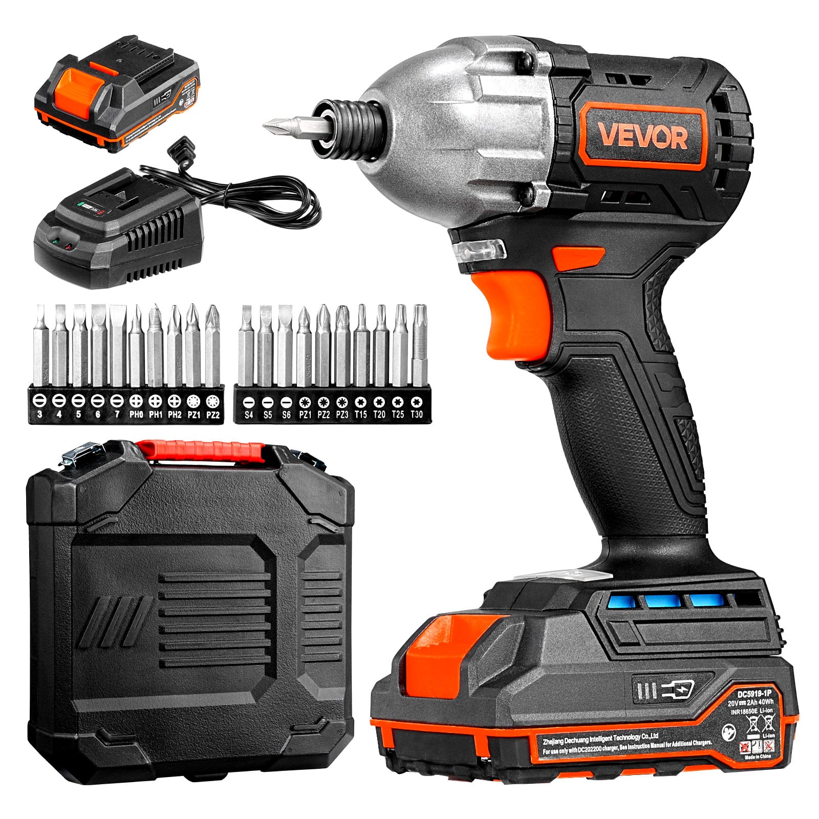 VEVOR - Impact Driver, 1/4 In, 2800 RPM Max Speed, 20V Brushless Motor, Electric Cordless Impact Driver Kit with Battery,20 Bits - Black,Orange