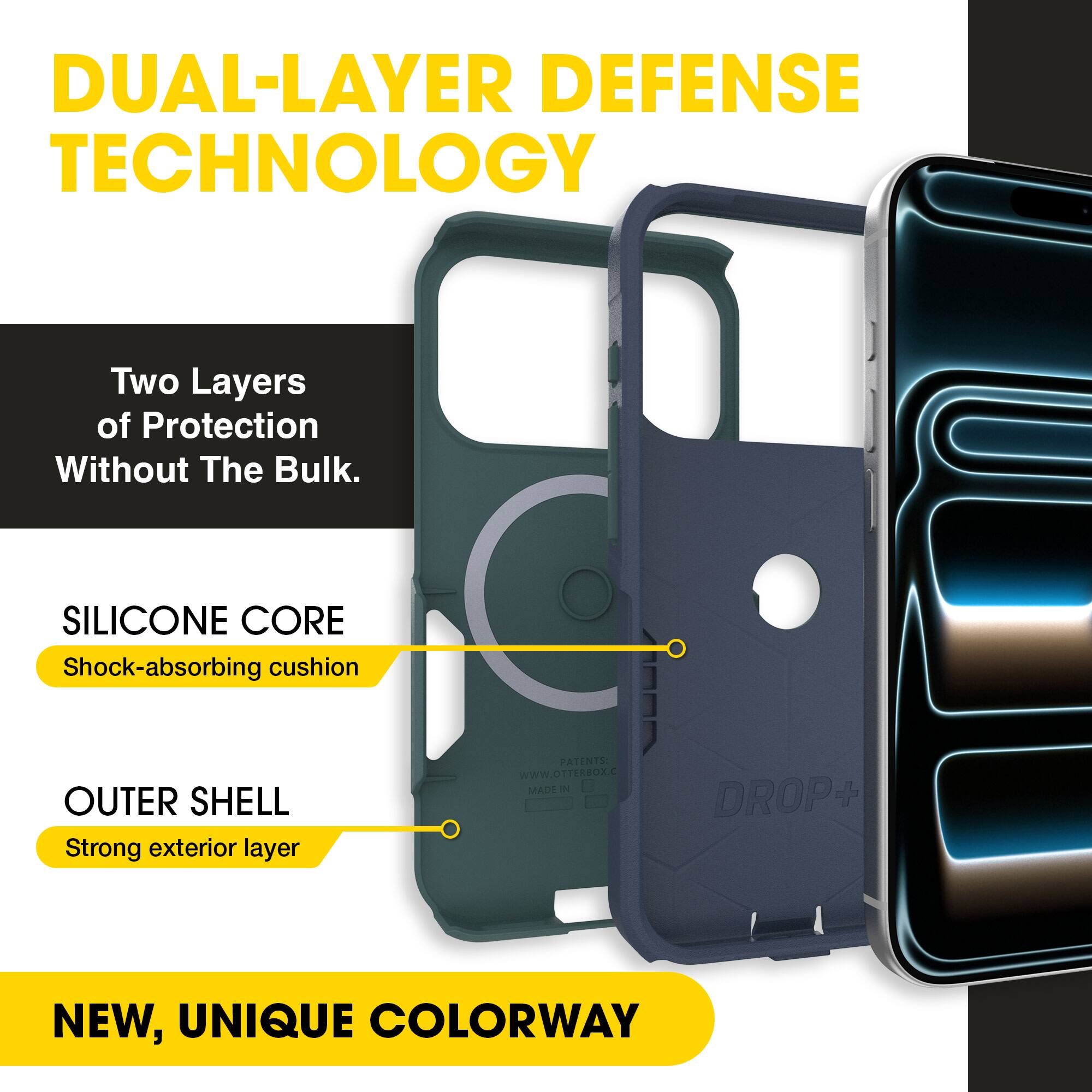 DUAL-LAYER DEFENSE TECHNOLOGY  
Two Layers of Protection Without The Bulk.  

SILICONE CORE  
Shock-absorbing cushion  

OUTER SHELL  
Strong exterior layer  

PATENTS: WWW.OTTERBOX.COM  

MADE IN USA  

NEW, UNIQUE COLORWAY