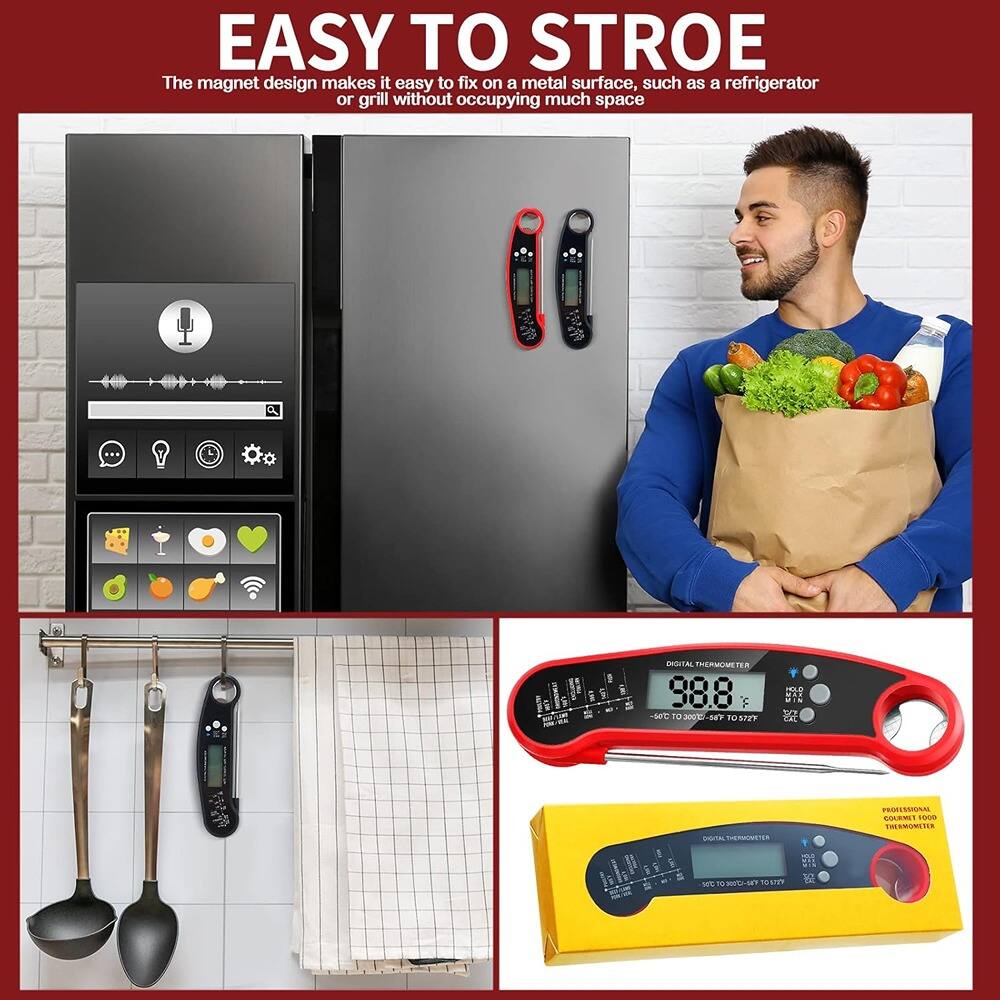 EASY TO STORE  
The magnet design makes it easy to fix on a metal surface, such as a refrigerator or grill without occupying much space.

DIGITAL THERMOMETER  
-40°C TO 300°C / -40°F TO 572°F

PROFESSIONAL COOKING FOOD THERMOMETER