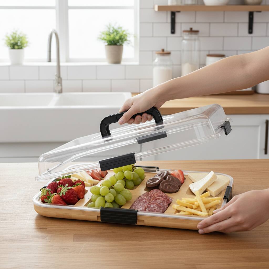 Alt View 1. Tooloton - Bamboo Charcuterie Board with Lid, 8 Compartments Portable Cheese Cutting Boards, Black Handles - Natural.