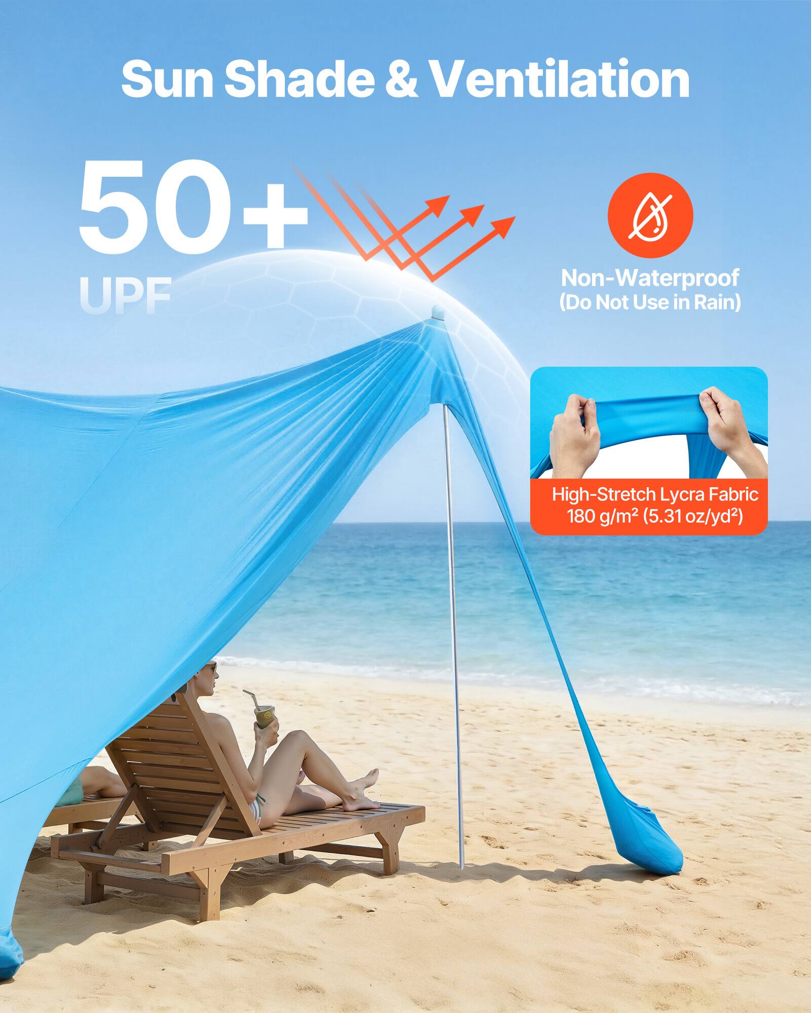 Sun Shade & Ventilation  
50+ UPF  
Non-Waterproof (Do Not Use in Rain)  
High-Stretch Lycra Fabric  
180 g/m² (5.31 oz/yd²)