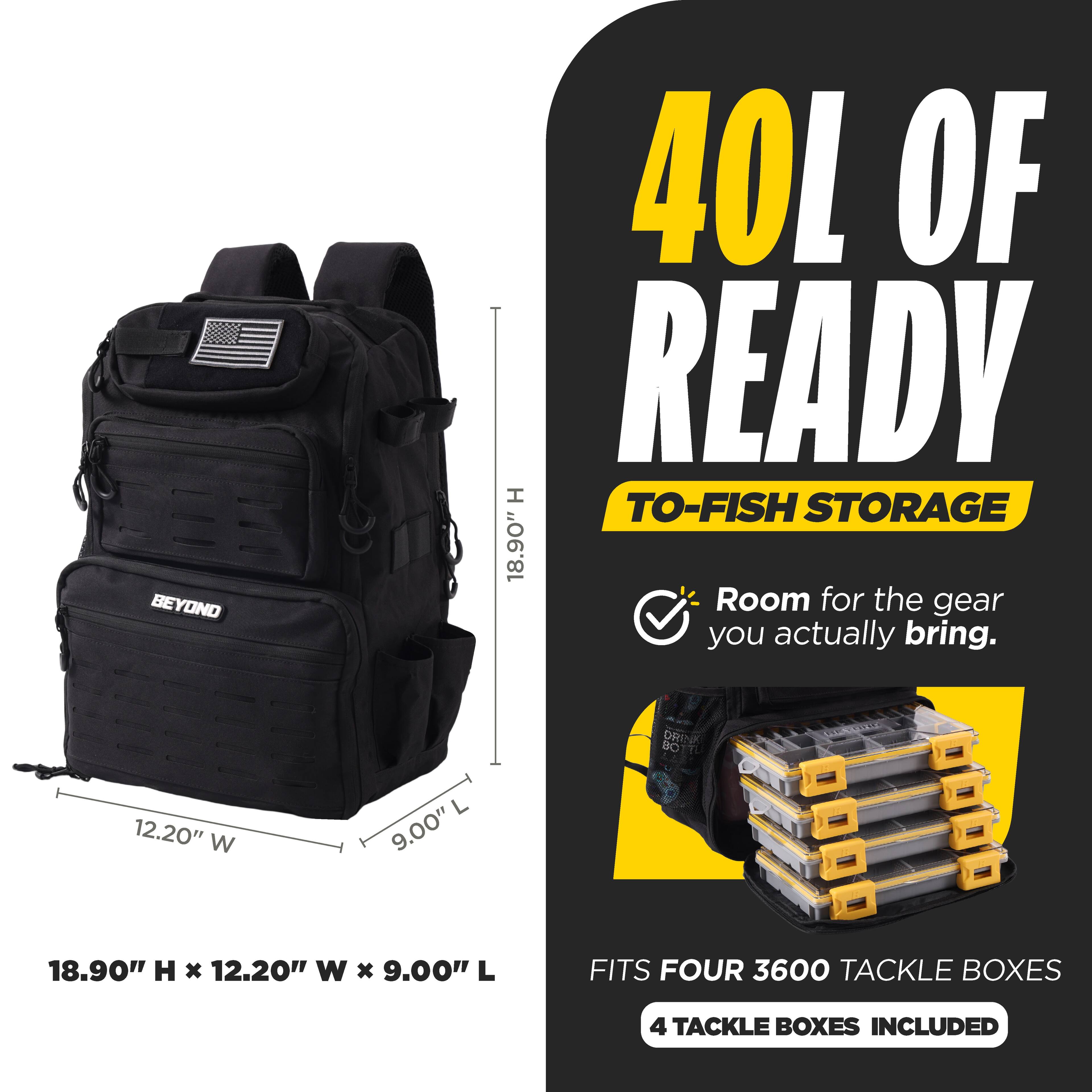 40L OF READY TO-FISH STORAGE  
18.90" H x 12.20" W x 9.00" L  
Room for the gear you actually bring.  
FITS FOUR 3600 TACKLE BOXES  
4 TACKLE BOXES INCLUDED