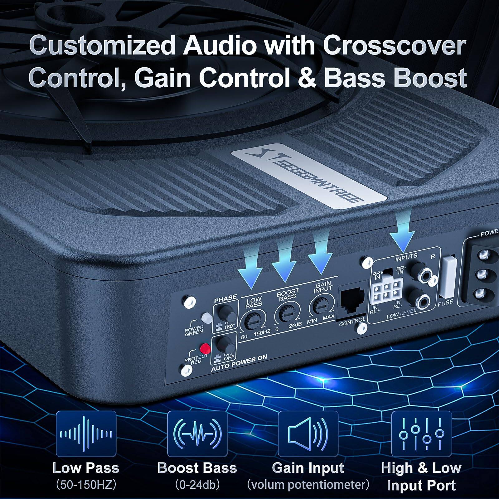 Customized Audio with Crossover Control, Gain Control & Bass Boost

- Low Pass (50-150Hz)
- Boost Bass (0-24dB)
- Gain Input (volum potentiometer)
- High & Low Input Port

SEGMENTREE

- POWER
- PHASE
- LOW PASS
- BOOST BASS
- GAIN INPUT
- CONTROL
- LOW LEVEL
- FUSE
- PROTECTED
- AUTO POWER ON
- GREEN
- RED