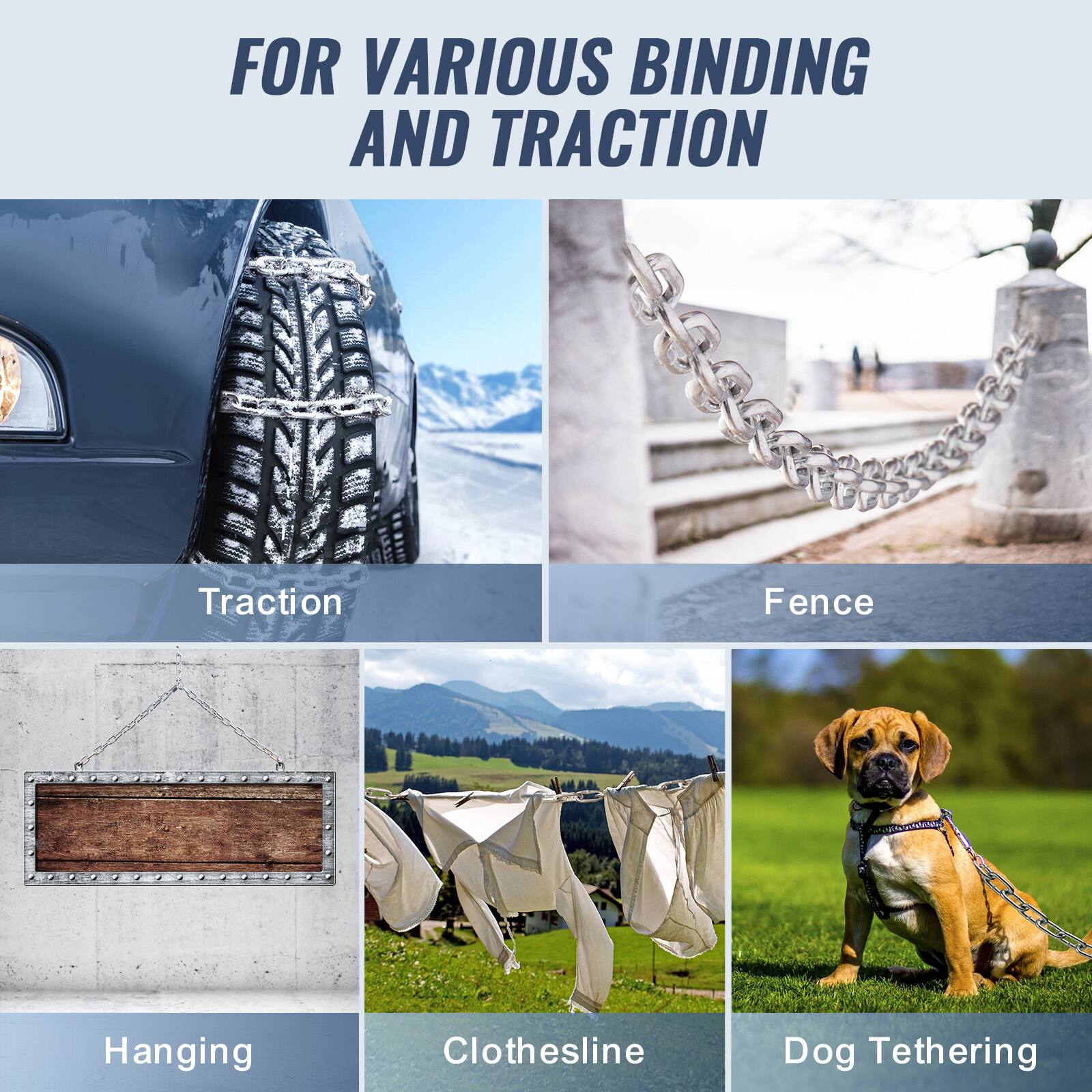 FOR VARIOUS BINDING AND TRACTION

- Traction
- Fence
- Hanging
- Clothesline
- Dog Tethering