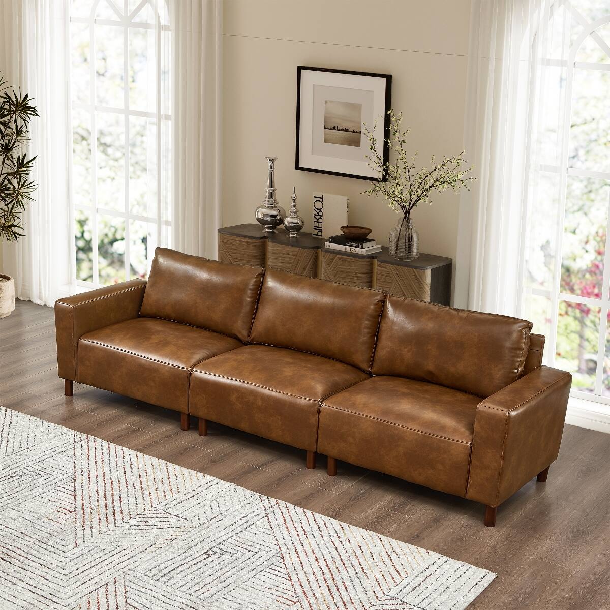 Left. Ropilly - Ropilly 112 Inch Faux Leather Sofa Brown Three Seat Living Room Couch with Wood Legs - Brown.