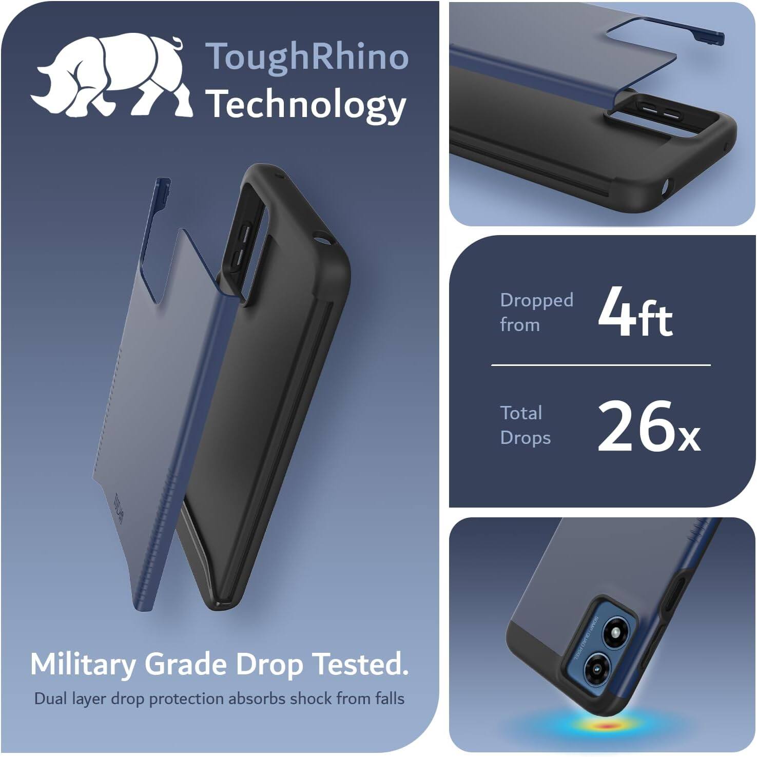 ToughRhino Technology

Dropped from 4ft  
Total Drops 26x

Military Grade Drop Tested.  
Dual layer drop protection absorbs shock from falls