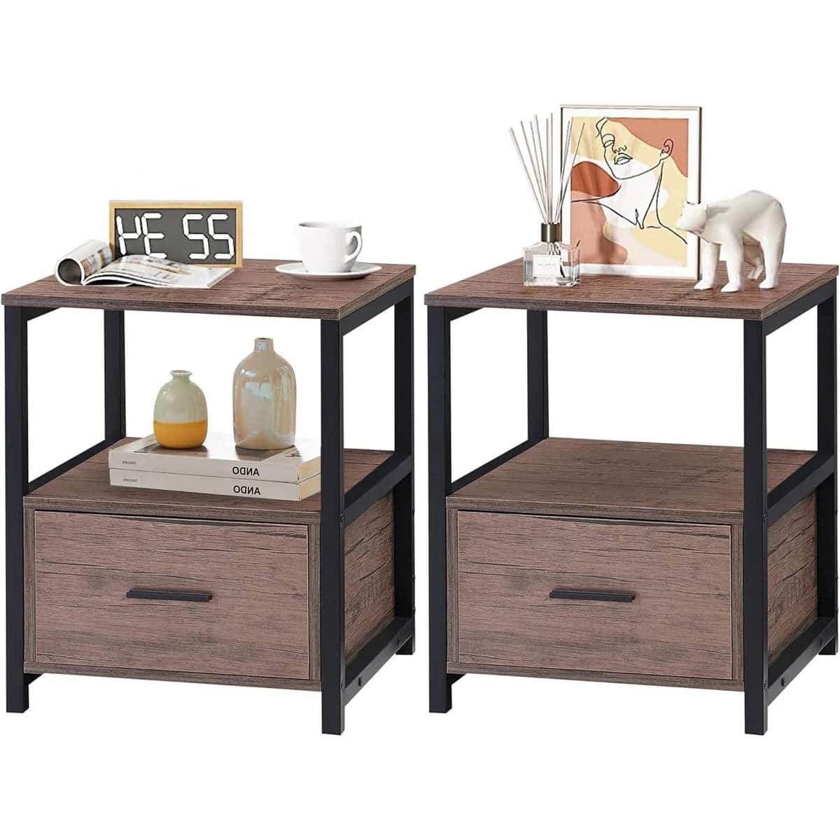 Hivvago - Set of 2 - Modern Metal Wood Side End Table Nightstand with Storage Drawer - Brown