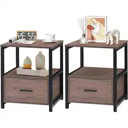 Hivvago - Set of 2 - Modern Metal Wood Side End Table Nightstand with Storage Drawer - Brown