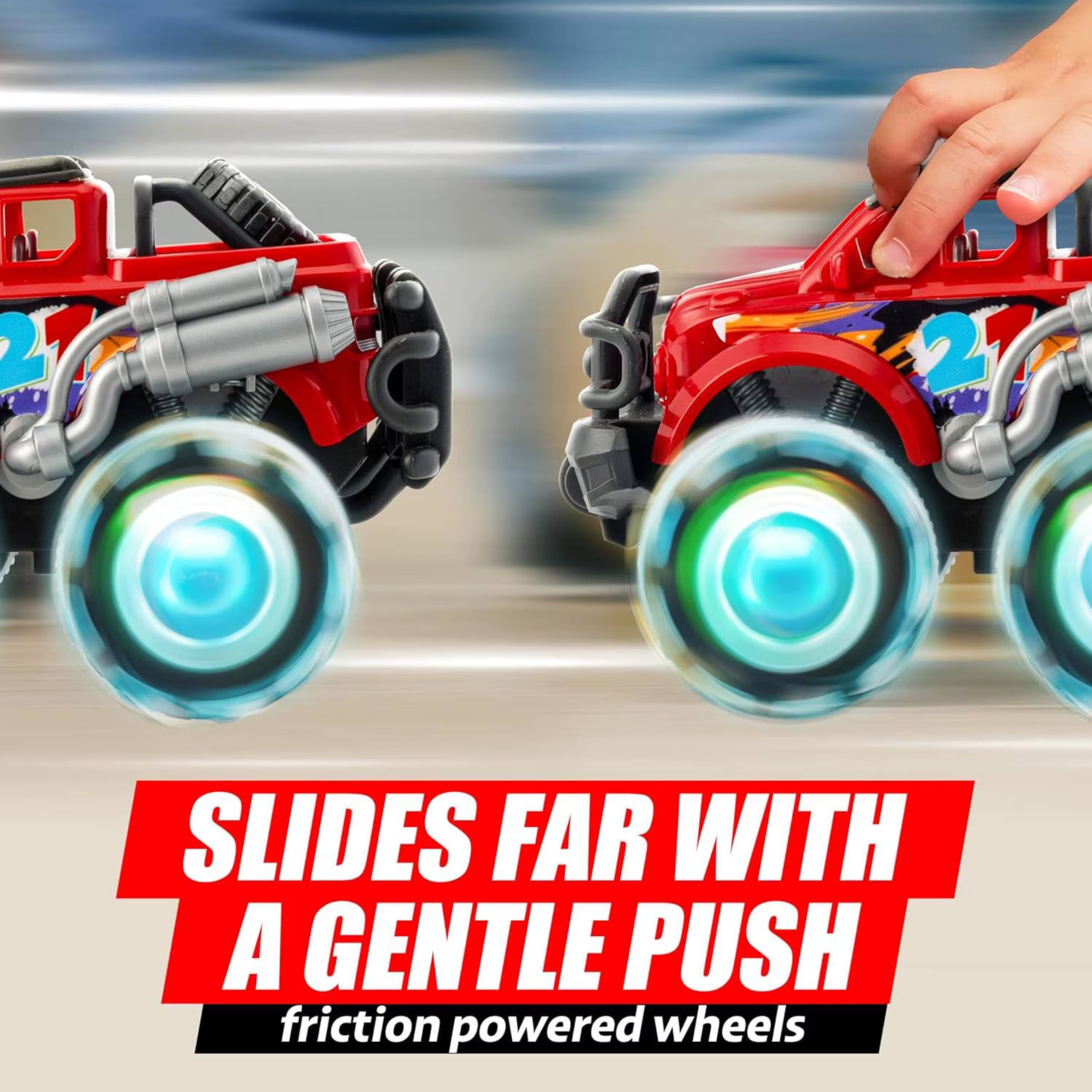 SLIDES FAR WITH A GENTLE PUSH  
friction powered wheels