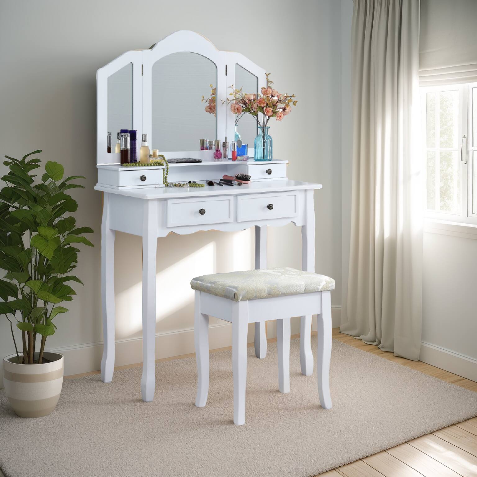 Angle. APRILSOUL - Sanlo Wooden Vanity Make Up Table and Stool Set White - White.