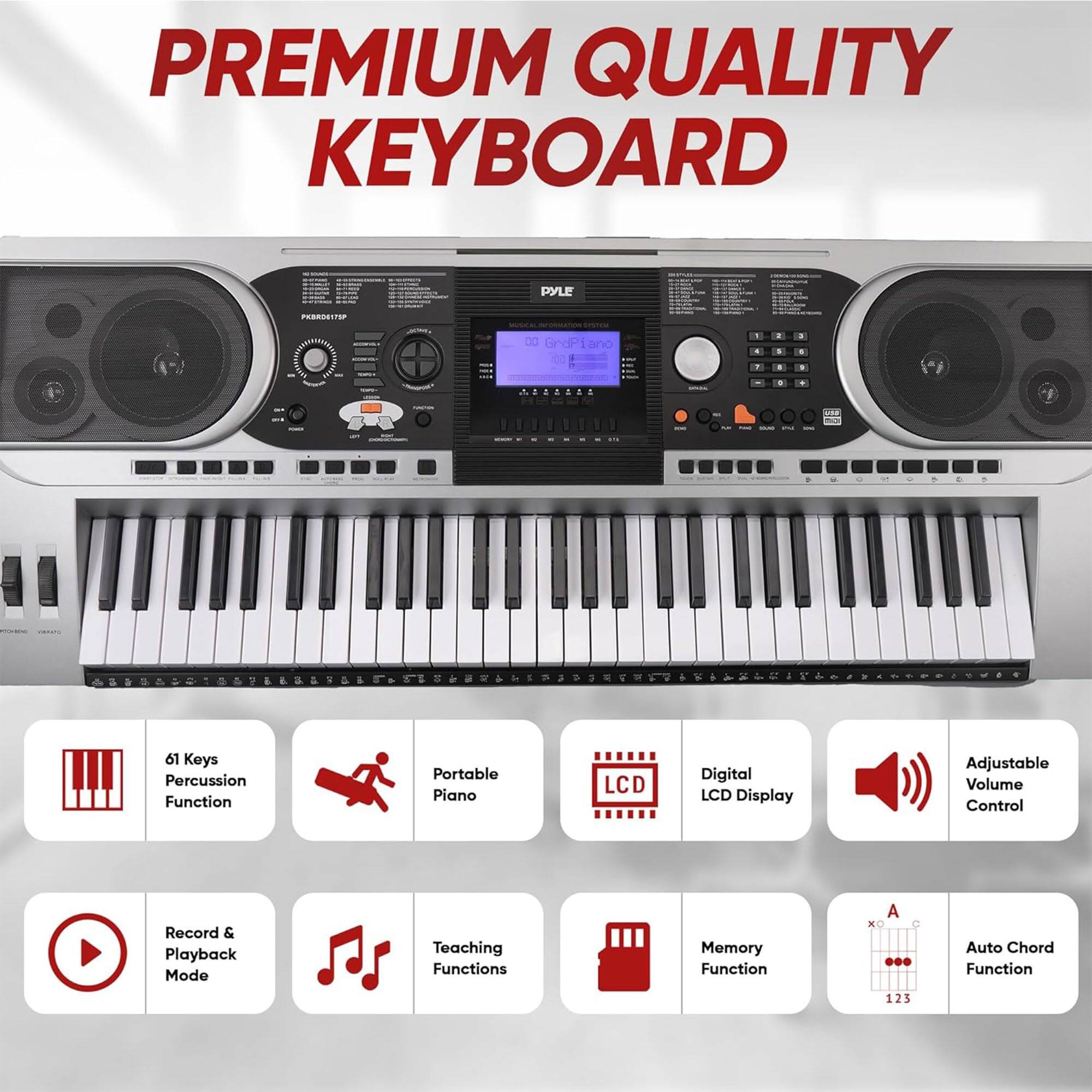PREMIUM QUALITY KEYBOARD

PYLE PESRNESTOP D0 GrdPi

61 Keys Percussion Function Portable Piano LCD Digital LCD Display Adjustable Volume Control Record & Playback Mode Teaching Functions Memory Function Auto Chord Function 125