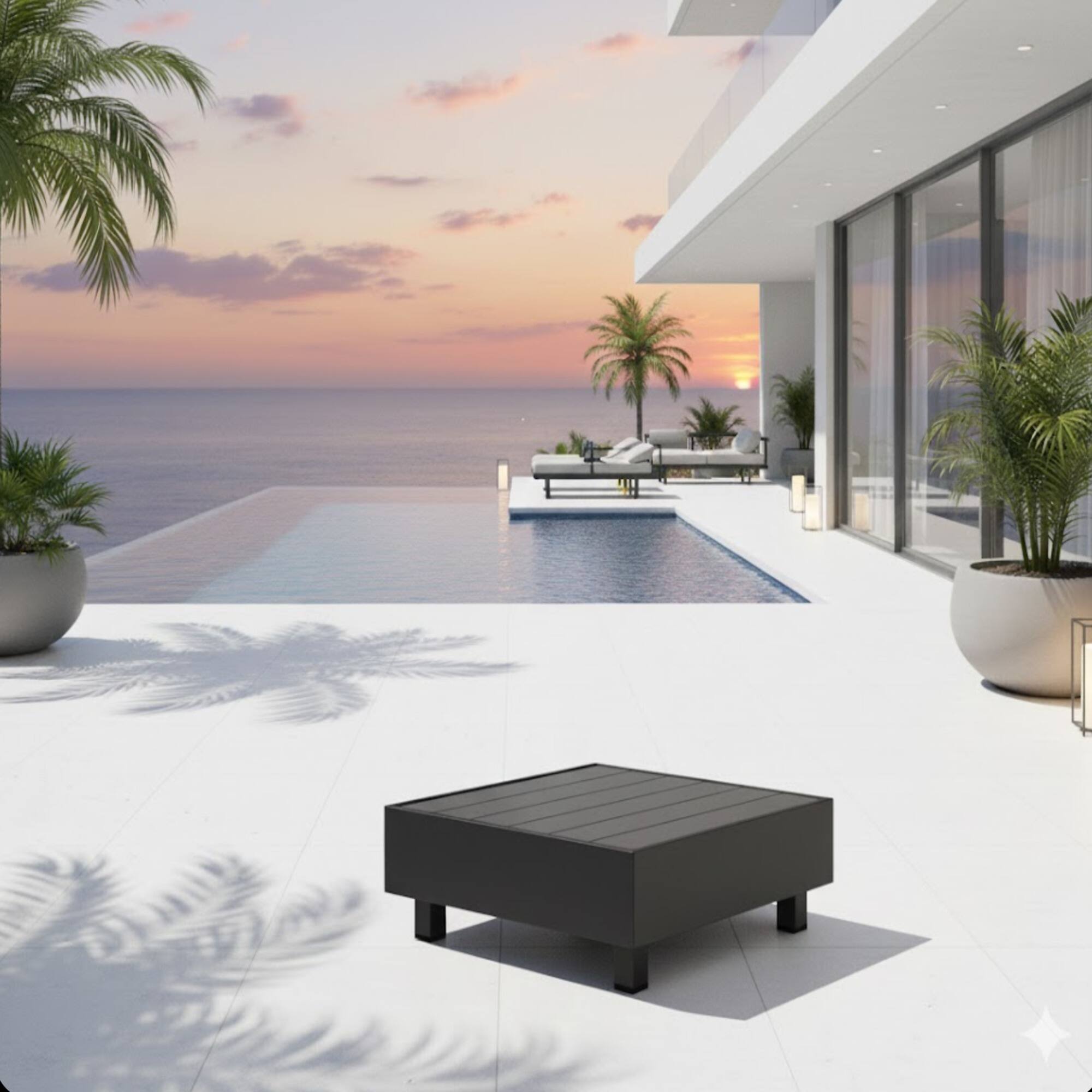 Left. Mondawe - 29" Square Metal Outdoor Slatted Coffee Table - Grey.