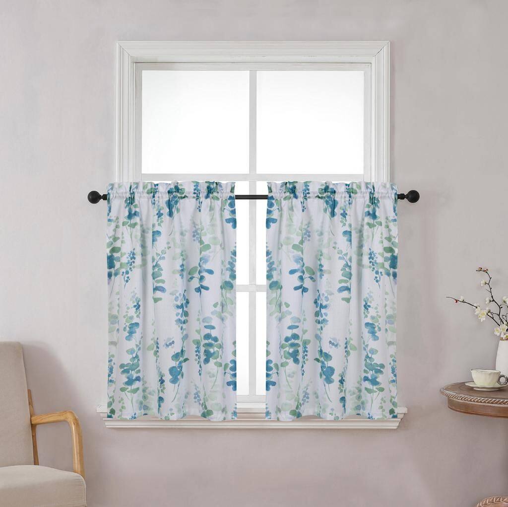 Angle. Kate Aurora - Kate Aurora Watercolor Floral Lillies Complete 3 Piece Rod Pocket Kitchen Curtain Tier & Valance Set - Teal - Teal.