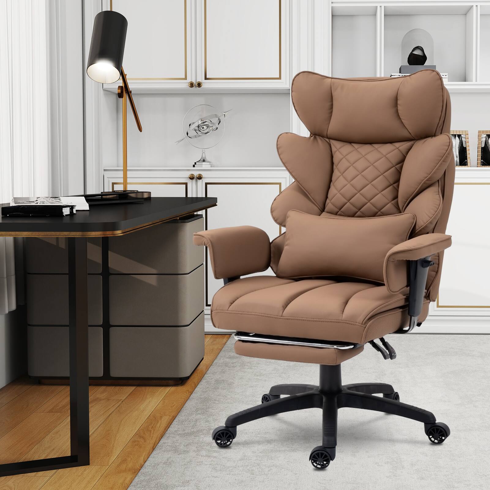 Alt View 4. Dowinx - Wide Back Executive Office Chair with Padded Pocket Spring Cushion, Reclining Gaming Chair with Footrest and Armrests - Brown PU Leather.