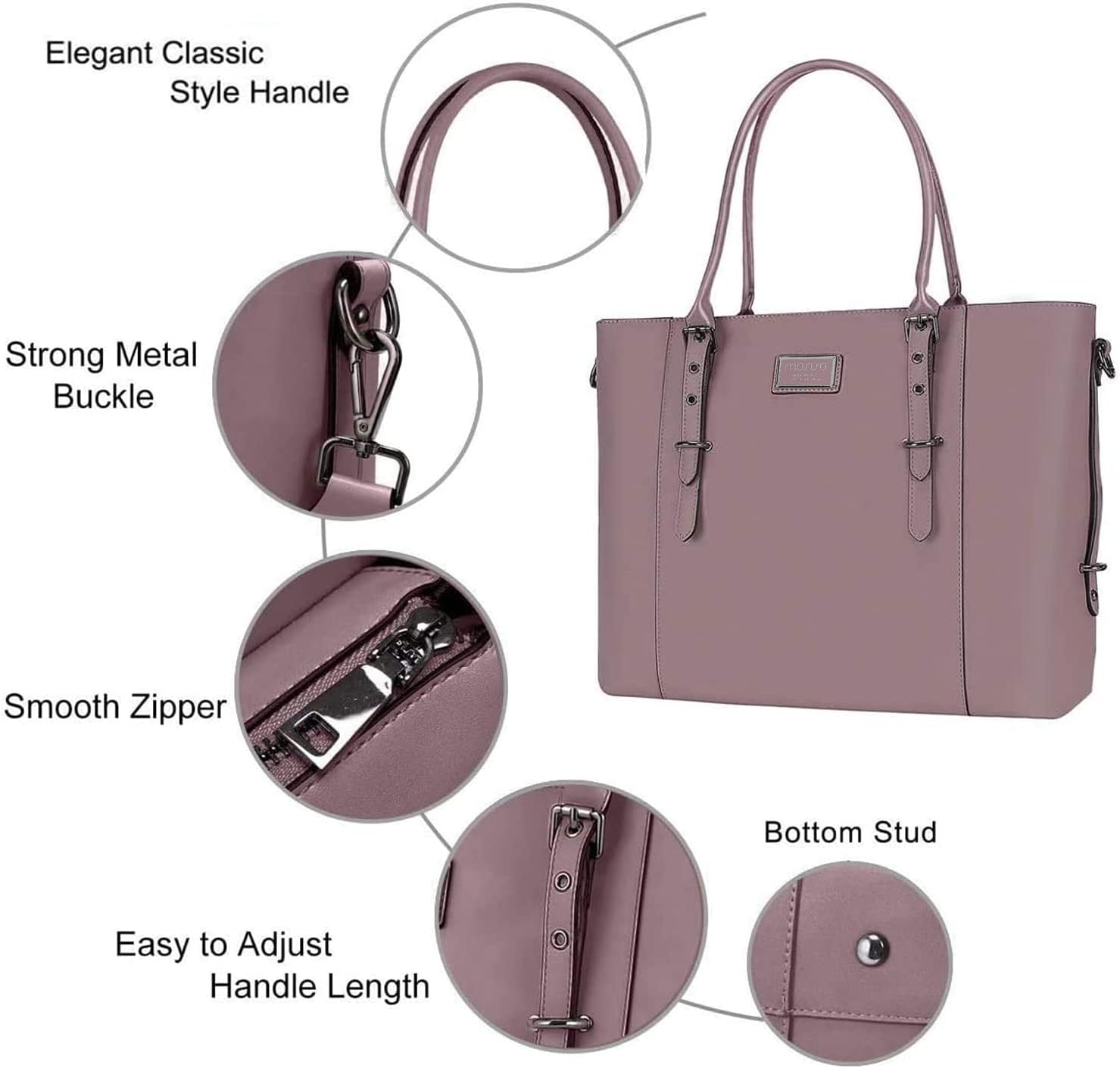 Elegant Classic Style Handle  
Strong Metal Buckle  
Smooth Zipper  
Bottom Stud  
Easy to Adjust Handle Length