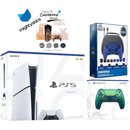 **mighty skins**
**Skins to Customize Your PlayStation 3 Slim Disc Edition**
- PlayStation 3 Slim Disc Edition
- One Controller
**MANY DESIGNS TO CHOOSE FROM!**
---
**SONY**
**PlayStation 5**
**4K HDR**
---
**PlayStation**
**STARTERPACK**
- 1 x PlayStation 5 Console
- 1 x DualSense Wireless Controller
- 1 x Power Cable
- 1 x USB Cable
**DualSense**
Wireless Controller
For / Pour / Para PlayStation 5
---
**SONY**