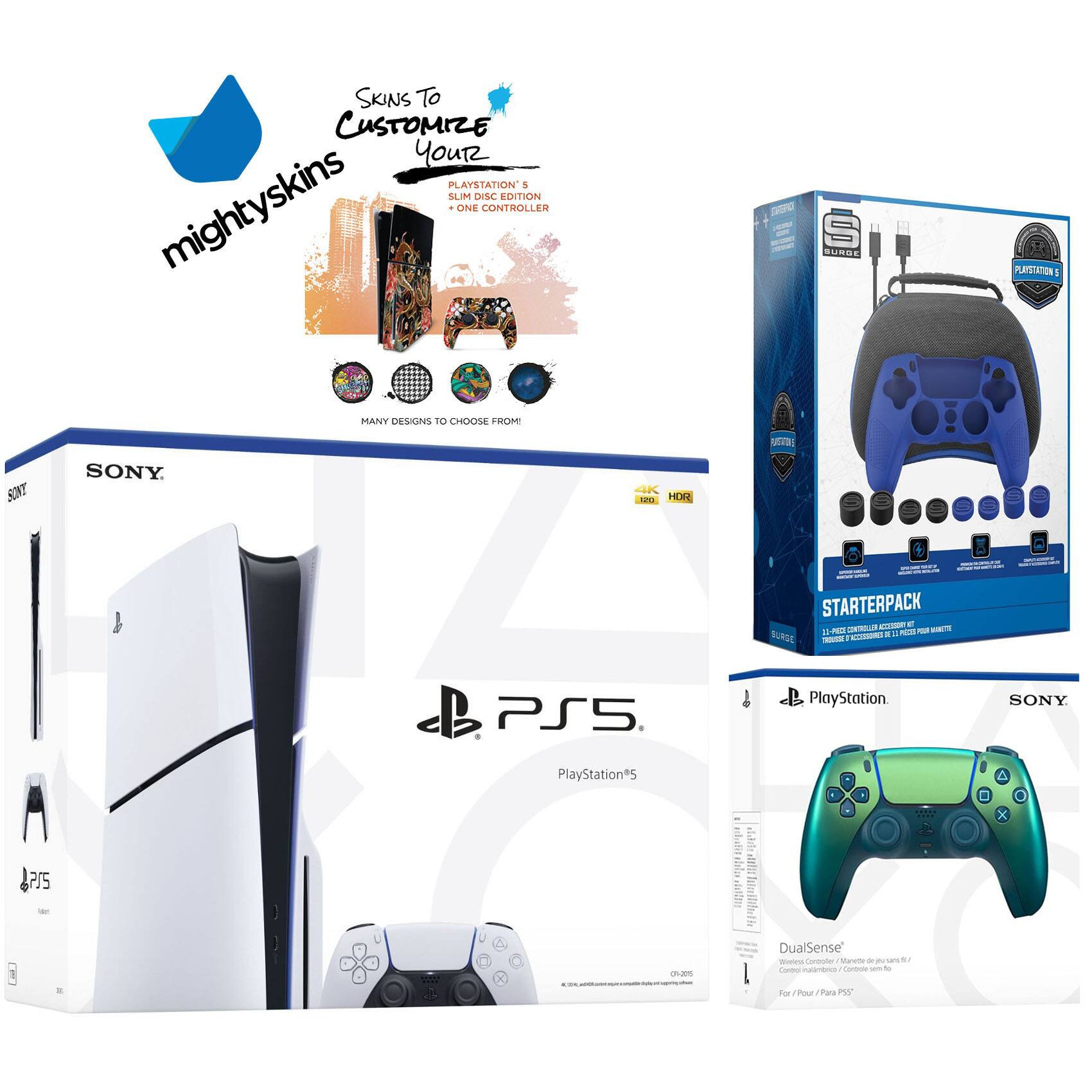**mighty skins**

**Skins to Customize Your PlayStation 3 Slim Disc Edition**

- PlayStation 3 Slim Disc Edition
- One Controller

**MANY DESIGNS TO CHOOSE FROM!**

---

**SONY**

**PlayStation 5**

**4K HDR**

---

**PlayStation**

**STARTERPACK**

- 1 x PlayStation 5 Console
- 1 x DualSense Wireless Controller
- 1 x Power Cable
- 1 x USB Cable

**DualSense**

Wireless Controller

For / Pour / Para PlayStation 5

---

**SONY**