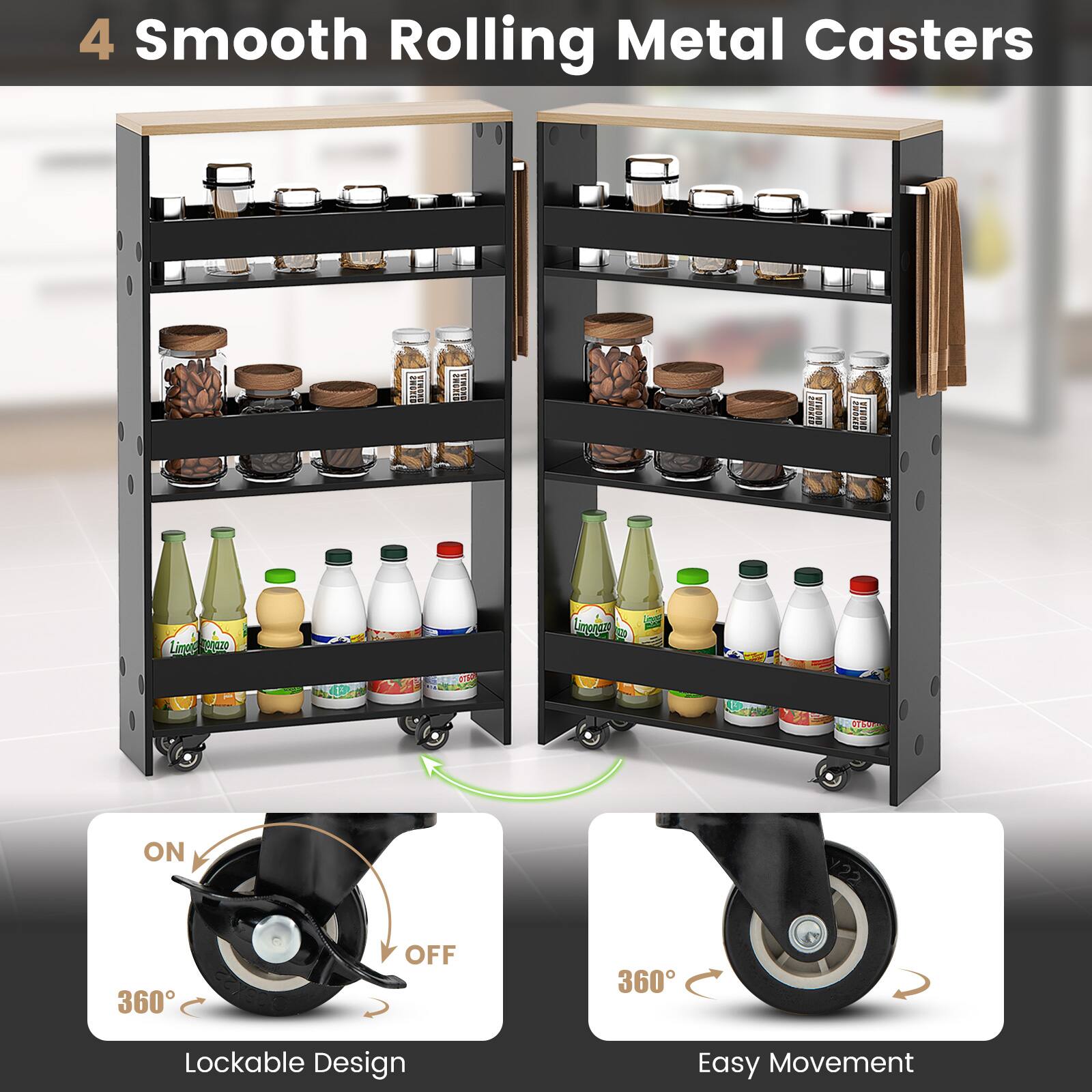 4 Smooth Rolling Metal Casters, 360° Lockable Design, 360° Easy Movement