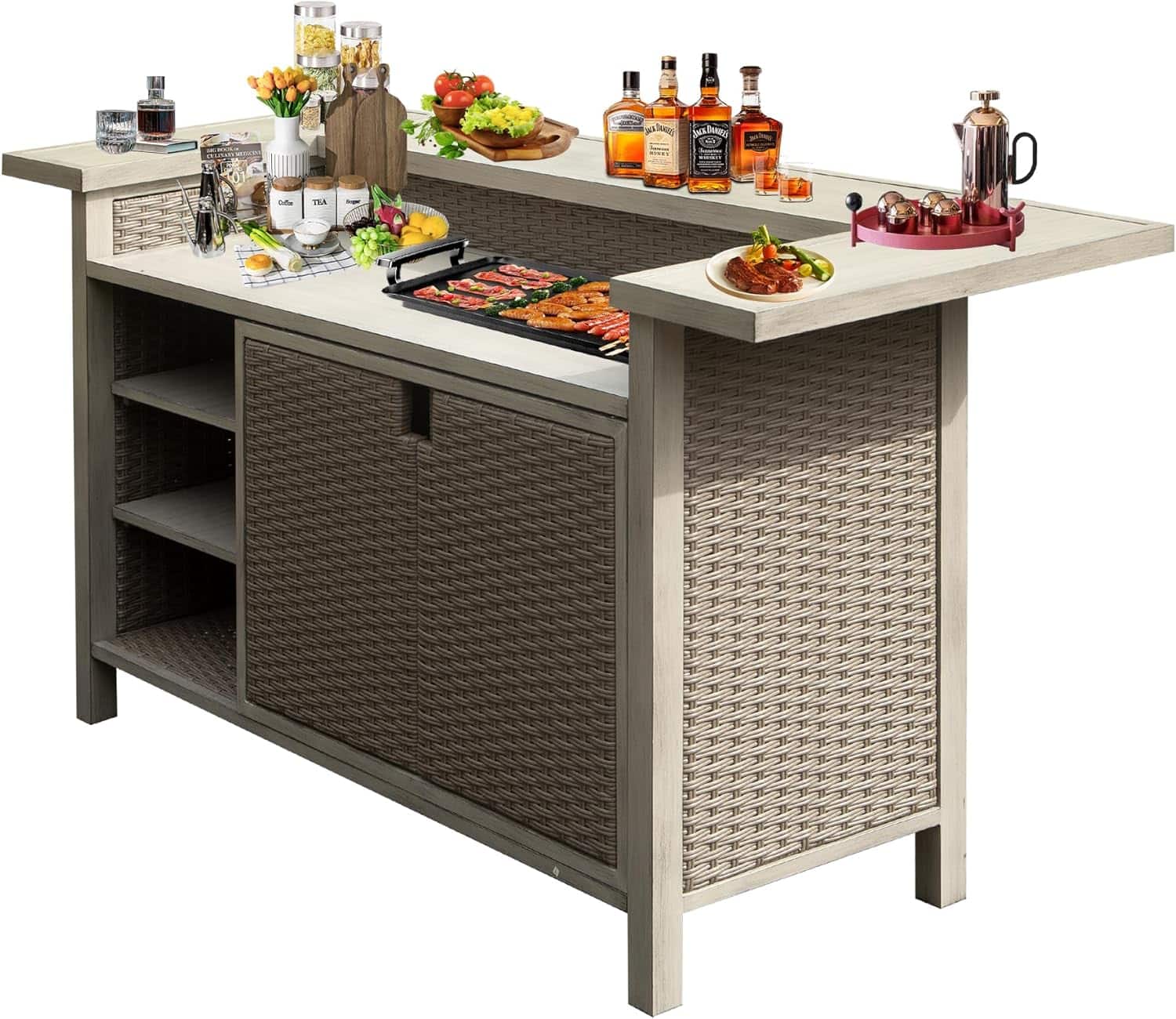 Mondawe - Outdoor Aluminum PE Wicker Bar Table with Cabinet - Beige