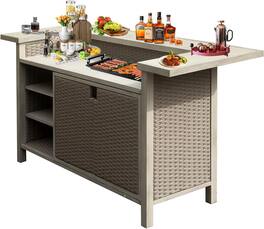 Mondawe - Outdoor Aluminum PE Wicker Bar Table with Cabinet - Beige