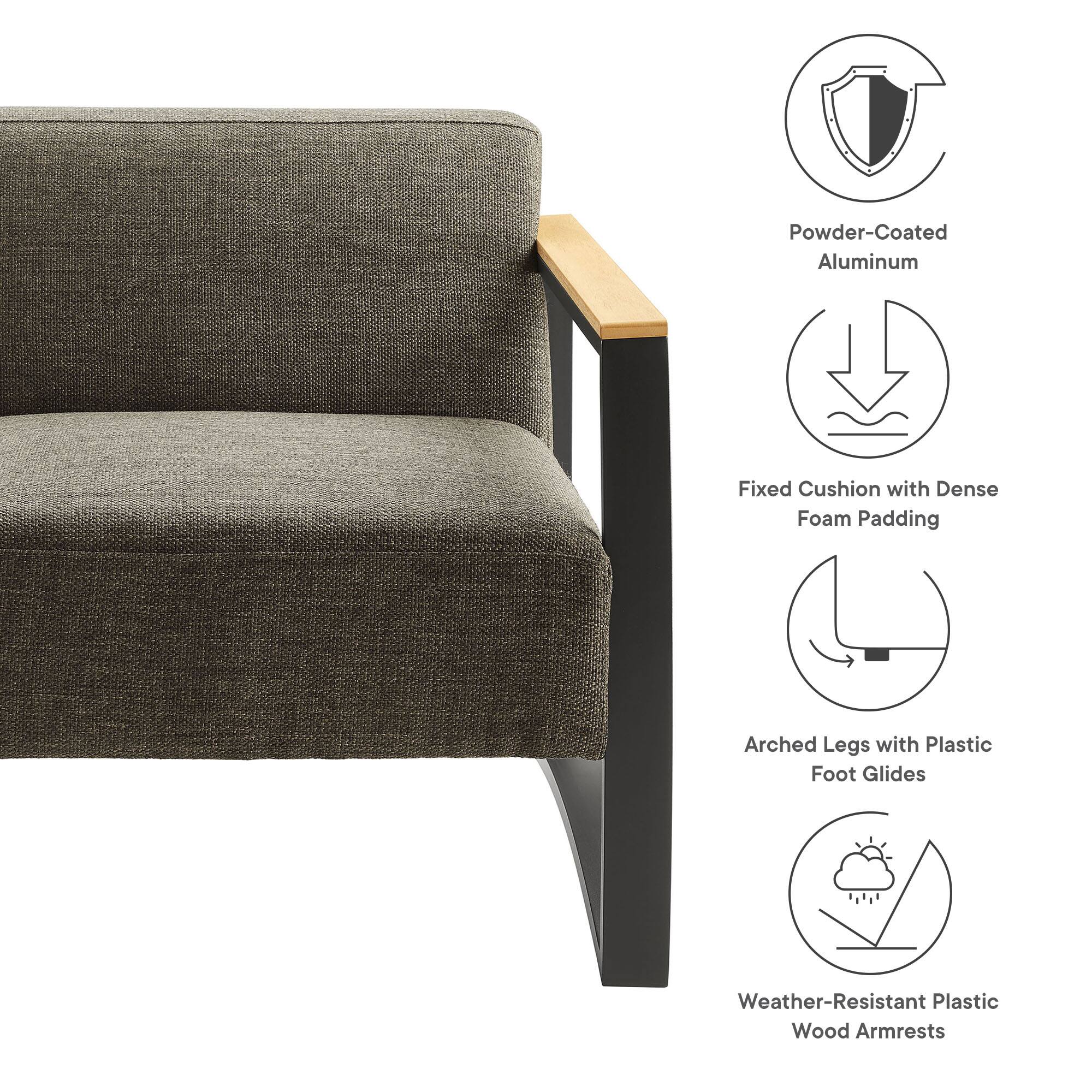 - Powder-Coated Aluminum
- Fixed Cushion with Dense Foam Padding
- Arched Legs with Plastic Foot Glides
- Weather-Resistant Plastic Wood Armrests