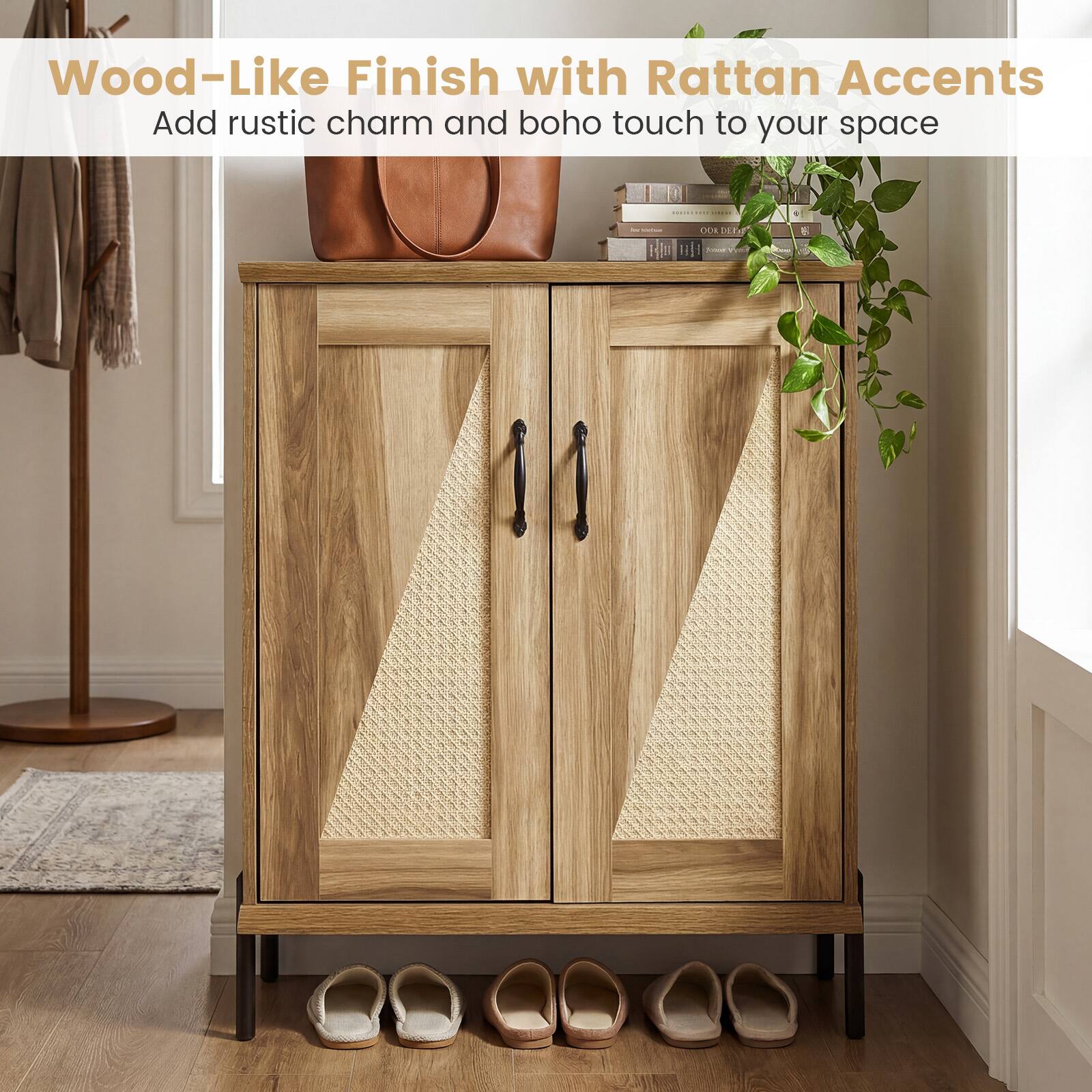 Wood-Like Finish with Rattan Accents  
Add rustic charm and boho touch to your space