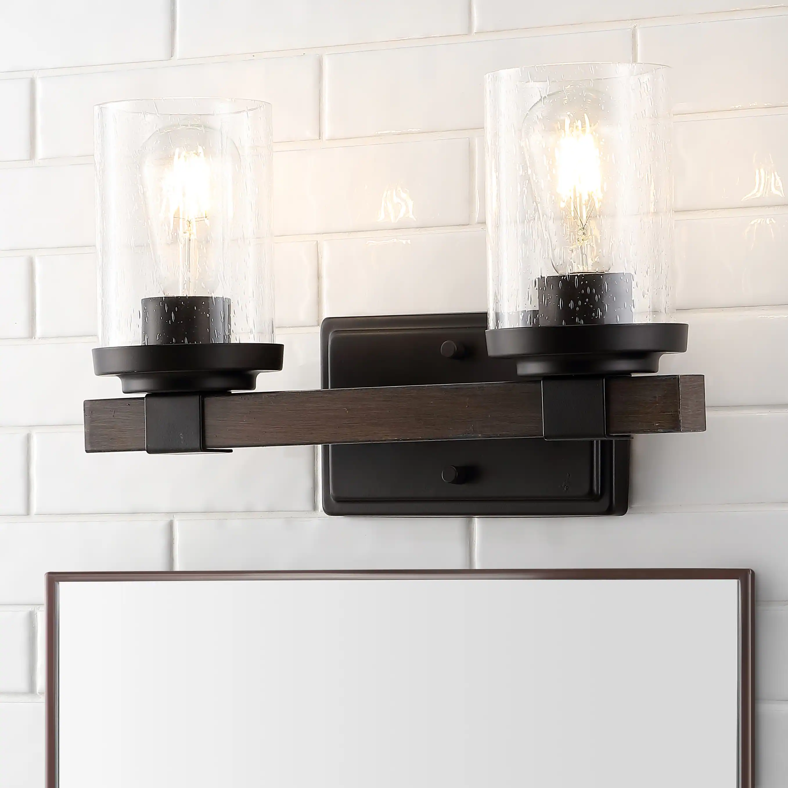 Alt View 1. Jonathan Y - Bungalow 15" 2-Light Iron/Seeded Glass Rustic Farmhouse LED Vanity Light, Oil Rubbed Bronze - Oil Rubbed Bronze.