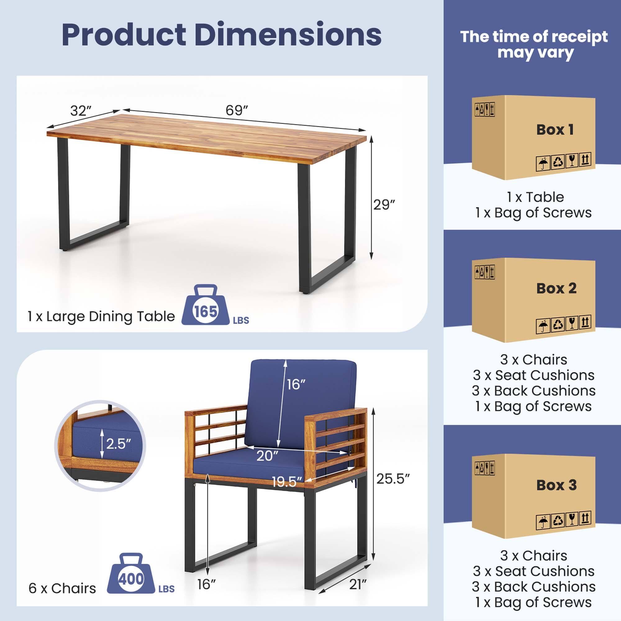 **Product Dimensions**

- **Box 1**
  - 1 x Table
  - 1 x Bag of Screws

- **Box 2**
  - 3 x Chairs
  - 3 x Seat Cushions
  - 3 x Back Cushions
  - 1 x Bag of Screws

- **Box 3**
  - 3 x Chairs
  - 3 x Seat Cushions
  - 3 x Back Cushions
  - 1 x Bag of Screws

**Dimensions:**
- 1 x Large Dining Table
  - 32" x 69" x 29"
  - Weight: 165 LBS

- 6 x Chairs
  - 16" x 20" x 19.5" x 25.5" x 16"
  - Weight: 400 LBS

**Note:** The time of receipt may vary.