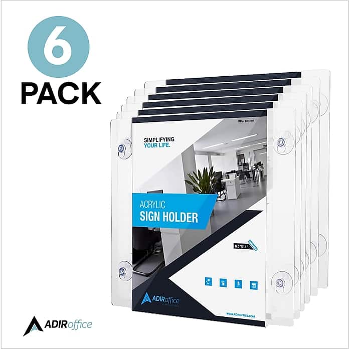 AdirOffice - Sign Holder, 8.5"''x 11'' Clear Suction Acrylic Window Sign Holder - 6-Pack