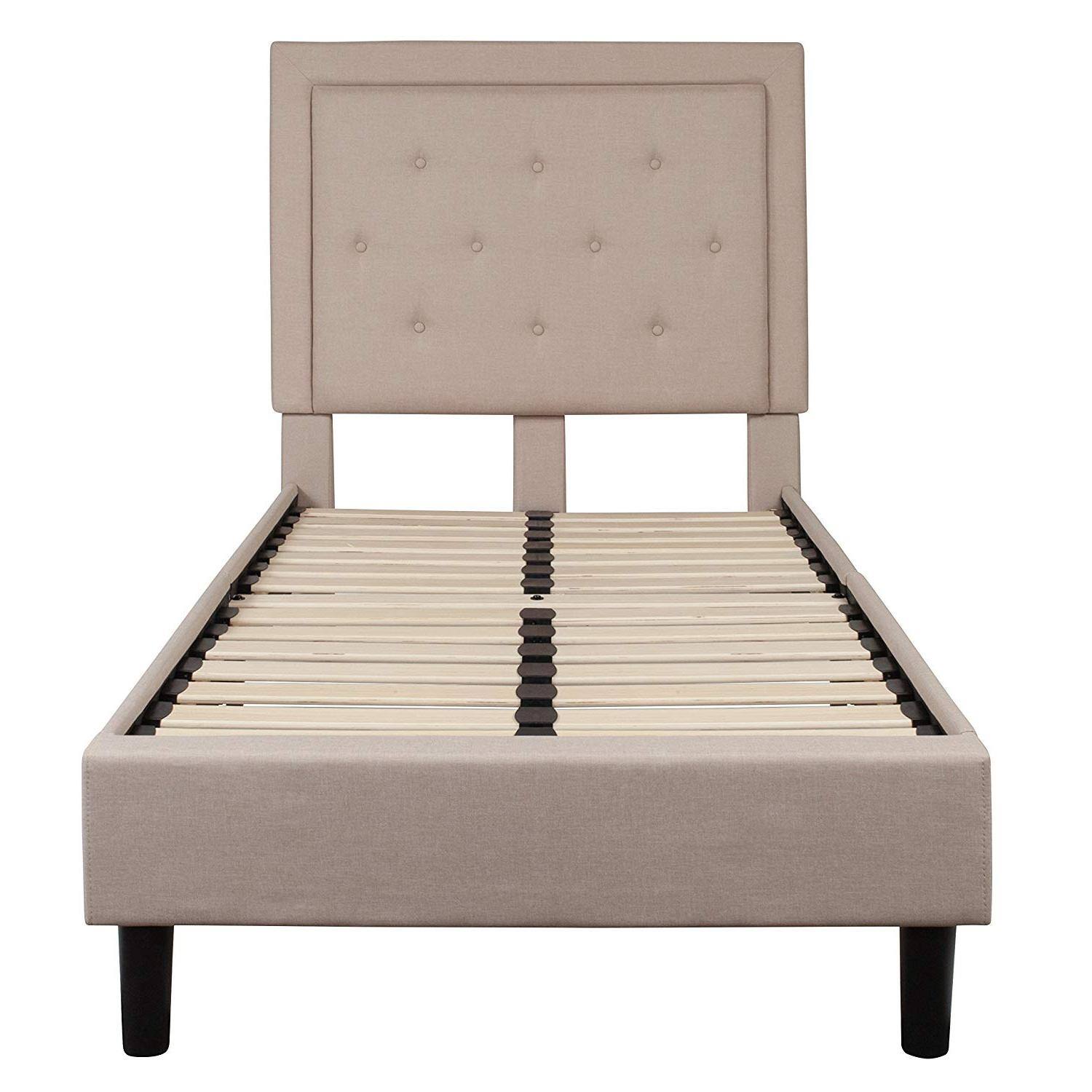 Angle. Hivvago - Hivvago Twin Fabric Upholstered Platform Bed with Button Tufted Headboard - Beige.