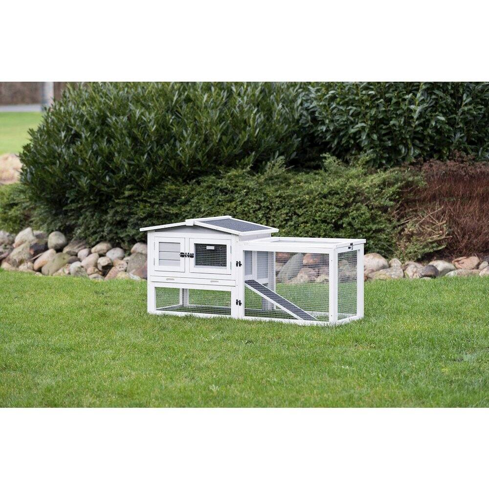 Left. TRIXIE - Weatherproof Outdoor 2-Story Wooden Small Animal Hutch with Large Run & Tray - Gray.