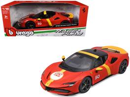 Bburago - Ferrari SF90 Stradale Assetto Fiorano #50 Red with Black Top and Yellow Stripes "Race + Play" Series 1/18 Diecast - Multicolor
