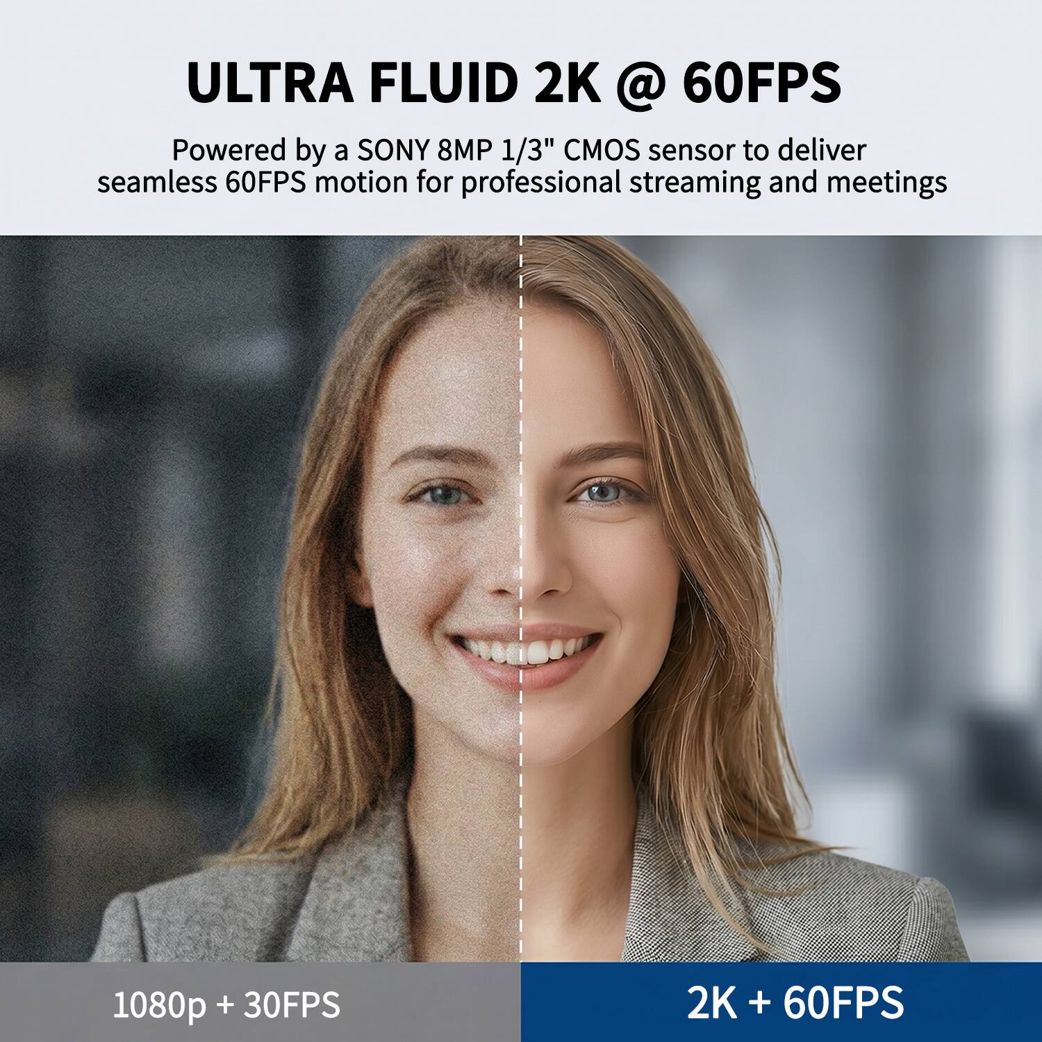 ULTRA FLUID 2K @ 60FPS  
Powered by a SONY 8MP 1/3" CMOS sensor to deliver seamless 60FPS motion for professional streaming and meetings

1080p + 30FPS  
2K + 60FPS