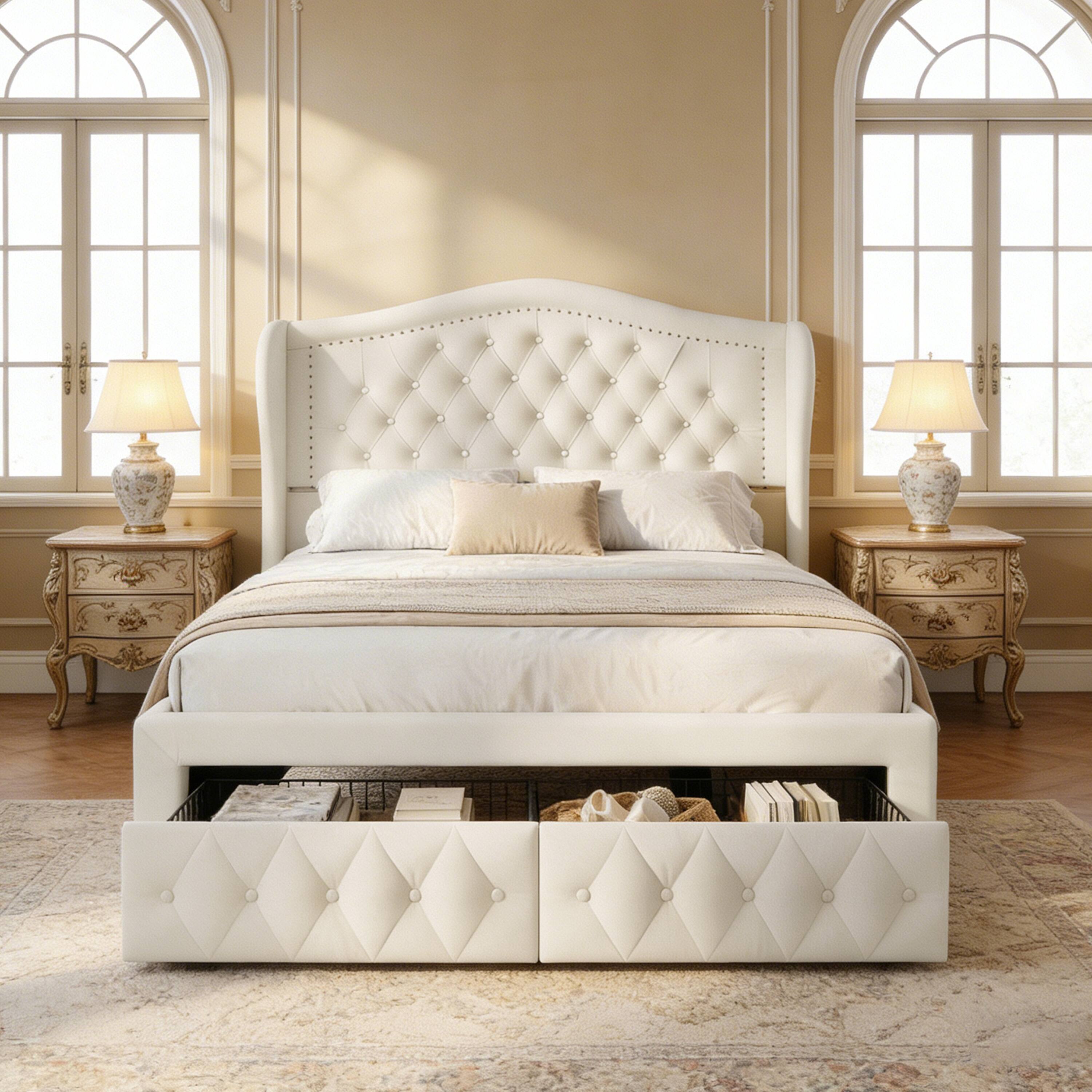 Angle. Dyonery - Queen bed frame, 52.6 inches high, with two drawers, velvet soft packaging, sewn headboard, vintage design. - Beige.